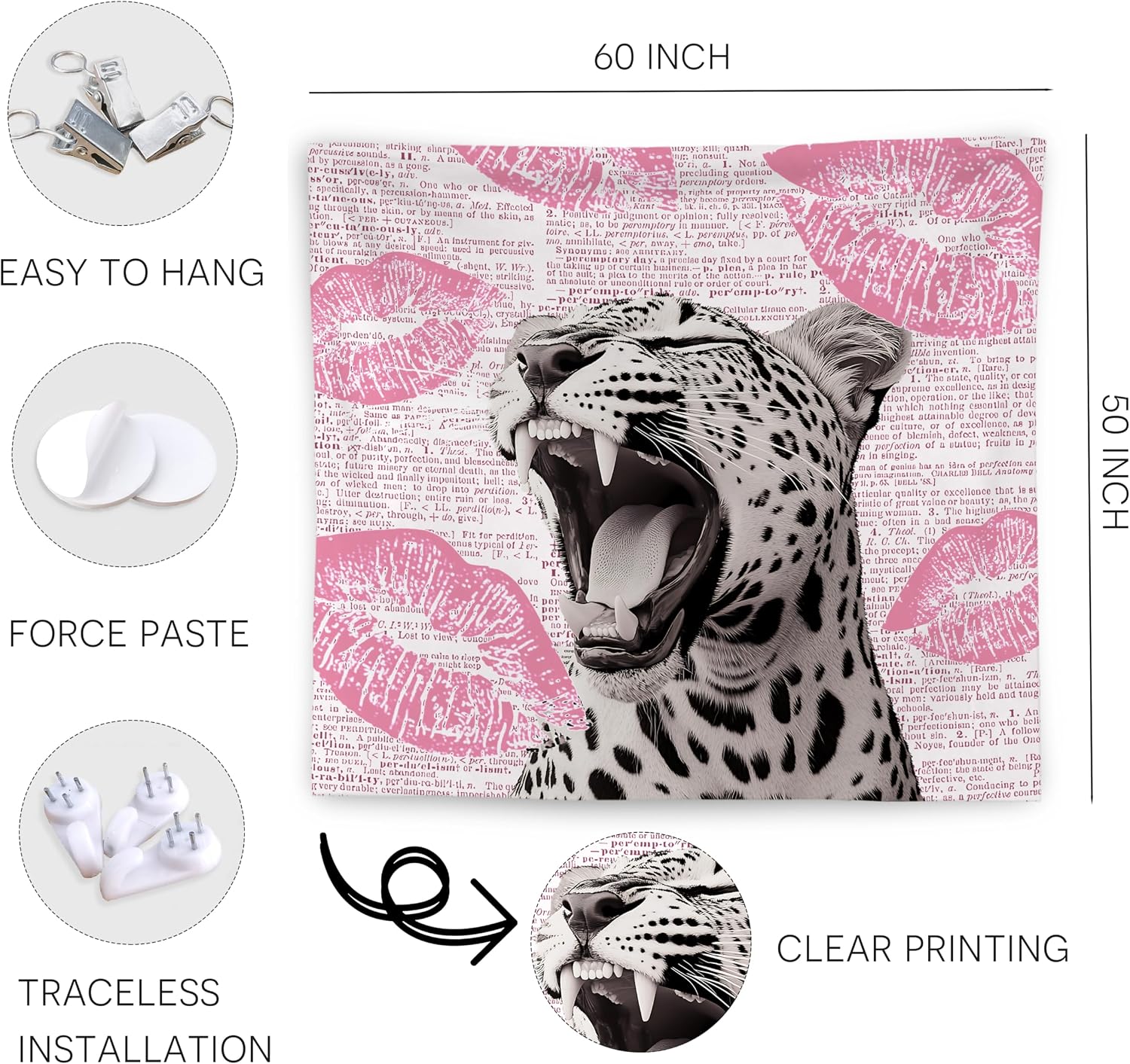 WNAGT Retro Trendy Leopard Tapestry Wall Hanging, Cheetah Leopard Room Decor, Vintage Funky Cheetah Print Lips Wall Blanket Decor for Girls Bedroom Dorm Apartment Home, 50x60 Inch(Pink)