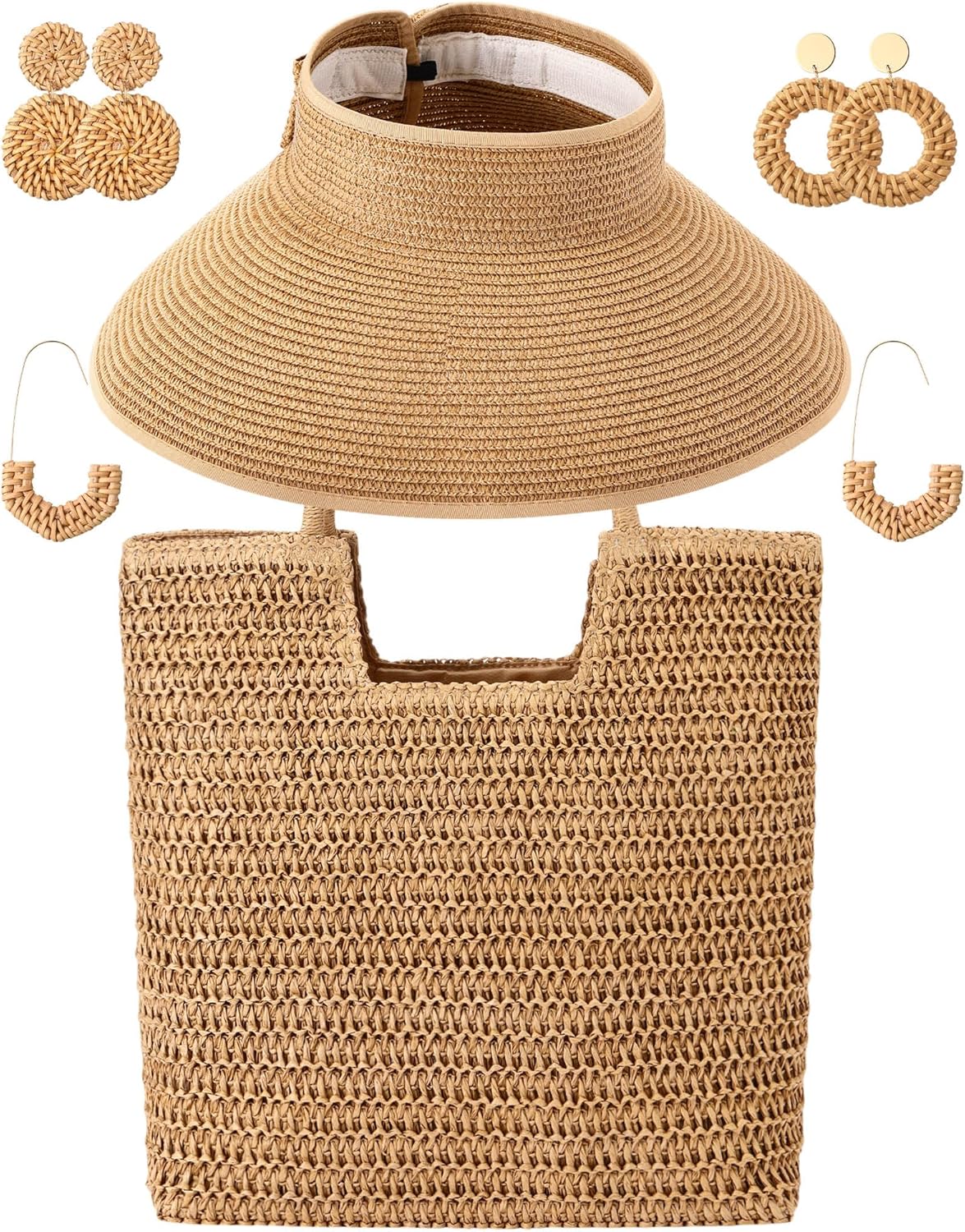 5 Pcs Women Straw Bag and Hat Set, Large Straw Beach Bag, Floppy Sun Hats Packable Rattan Earrings for Summer 2026