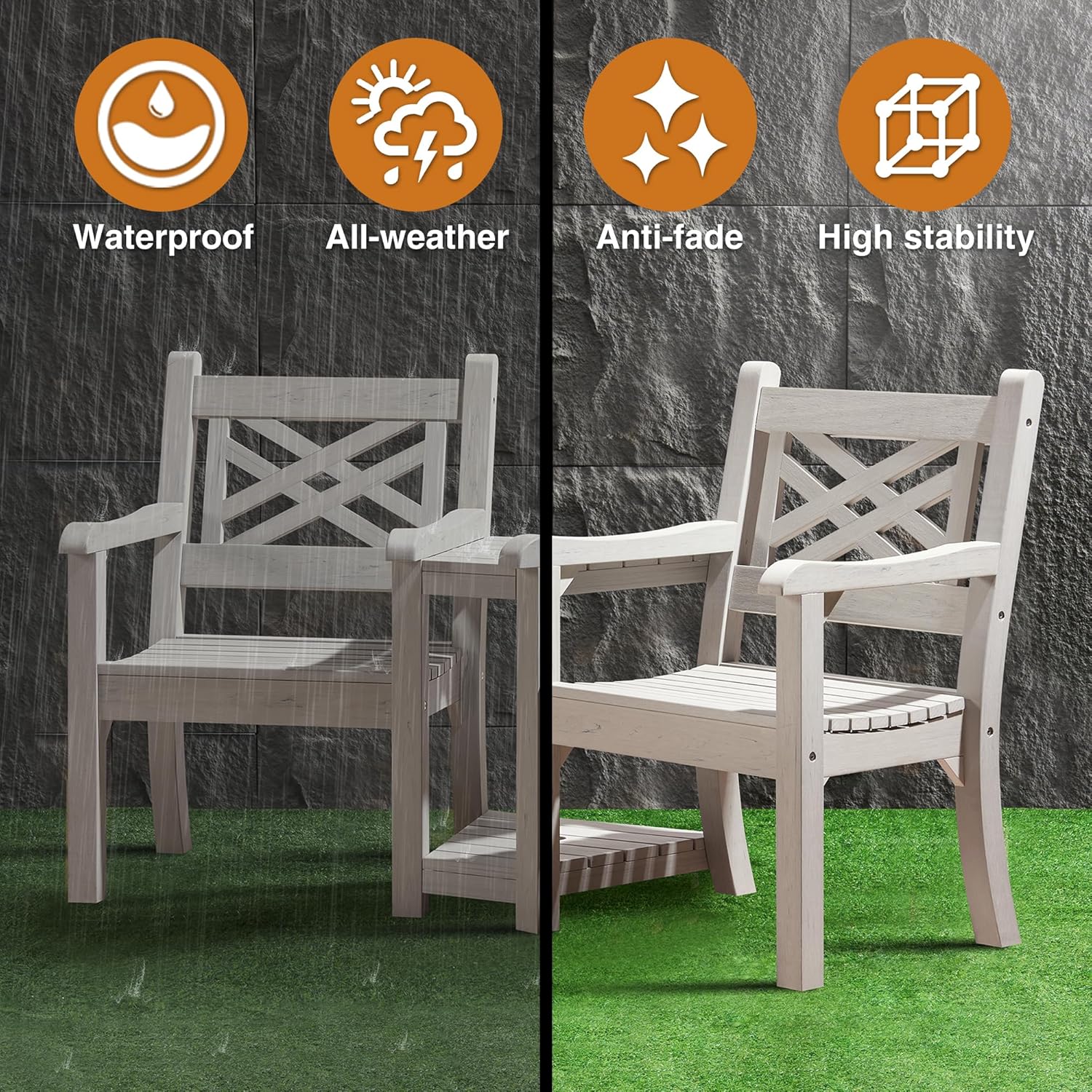 Psilvam Patio Furniture, All-Weather Poly Lumber Outdoor Loveseat, 2-Seater Outdoor Chair with Center Table & Umbrella Hole, Waterproof Accent Chairs Suitable for Lawn, Garden, Terrace (Grey)