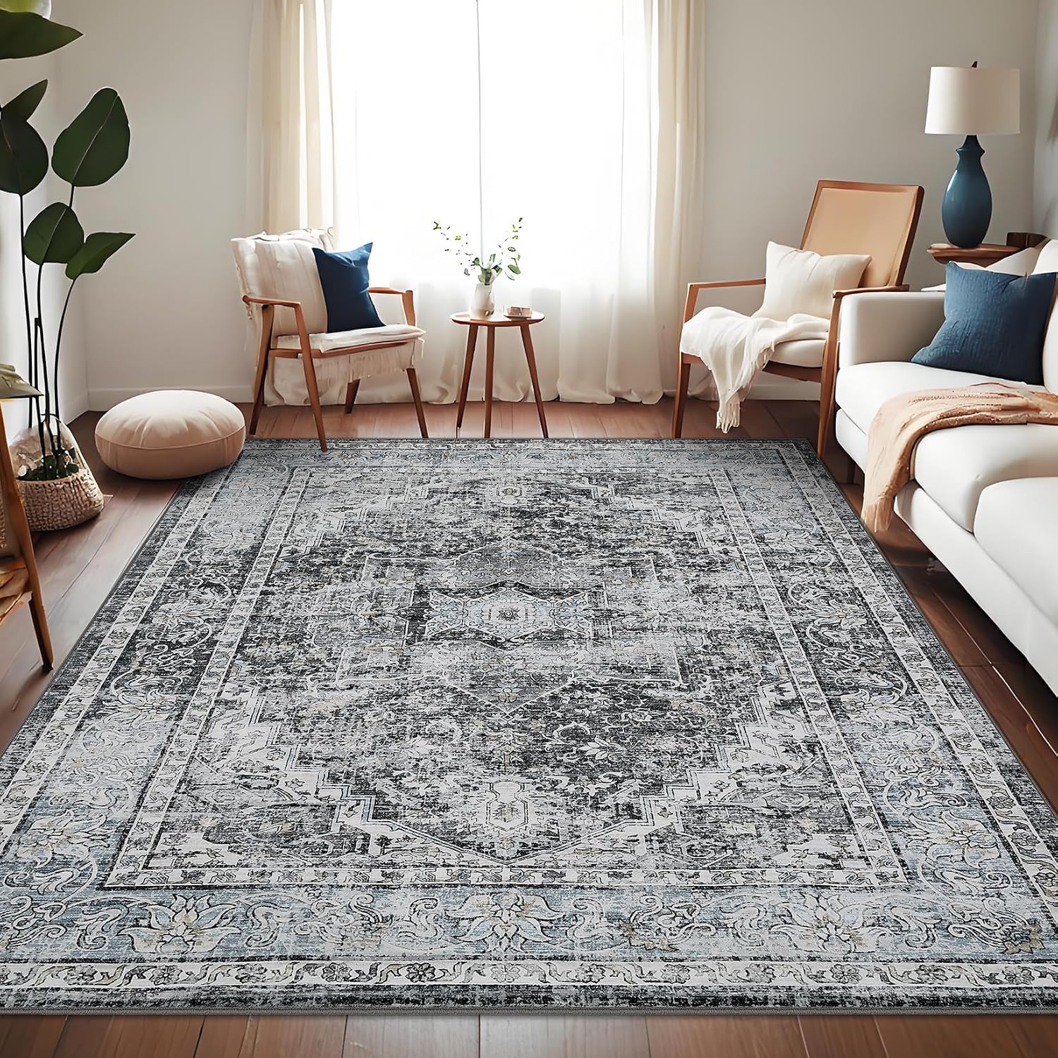 COZYLOOM 5x7 Area Rug Rugs for Living Room, Machine Washable Non Slip Vintage Rugs, Low Pile Lightweight Distressed Print Rug for Bedroom, Dining Room, Home Office, Grey