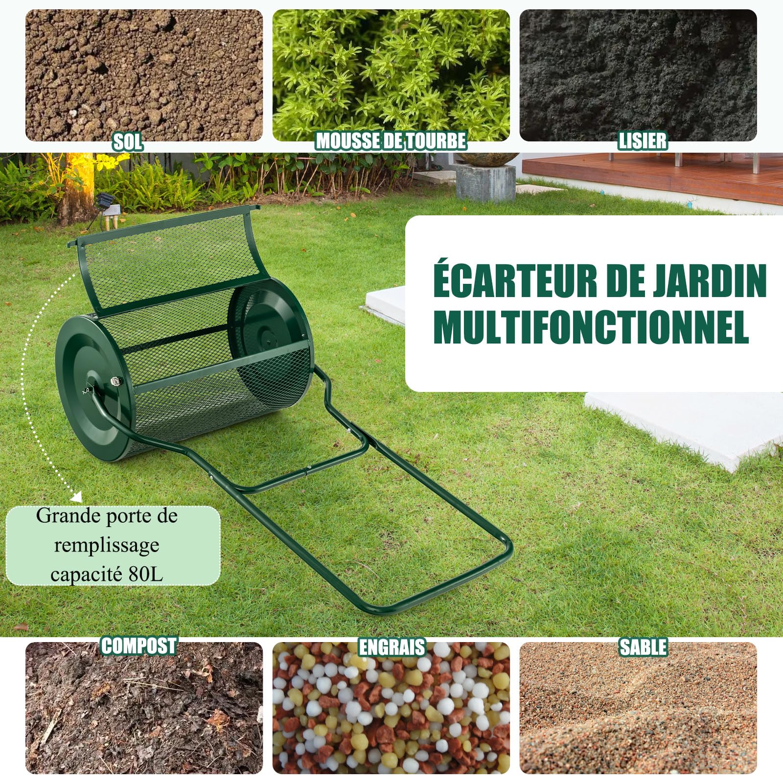SOARS Rullo Spargiconcime Prato da 80L, Spargiconcime a Rullo Ø39 x 68 cm con Manico e Cestello in Rete Metallica, Spargiterriccio da Giardino per Concimazione e Semina (Verde)