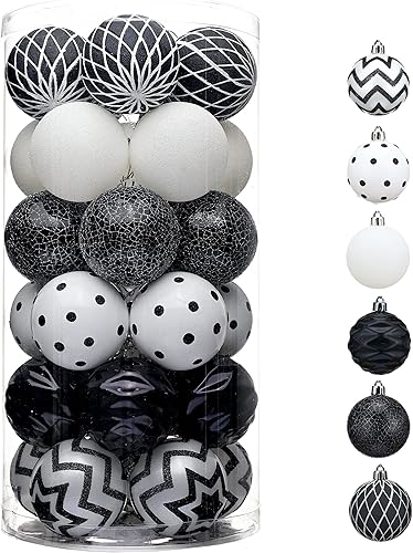 Valery Madelyn Juego de adornos de bolas de Navidad inastillables, 30 unidades, blanco y negro, 2.36 pulgadas, decoraciones modernas para colgar