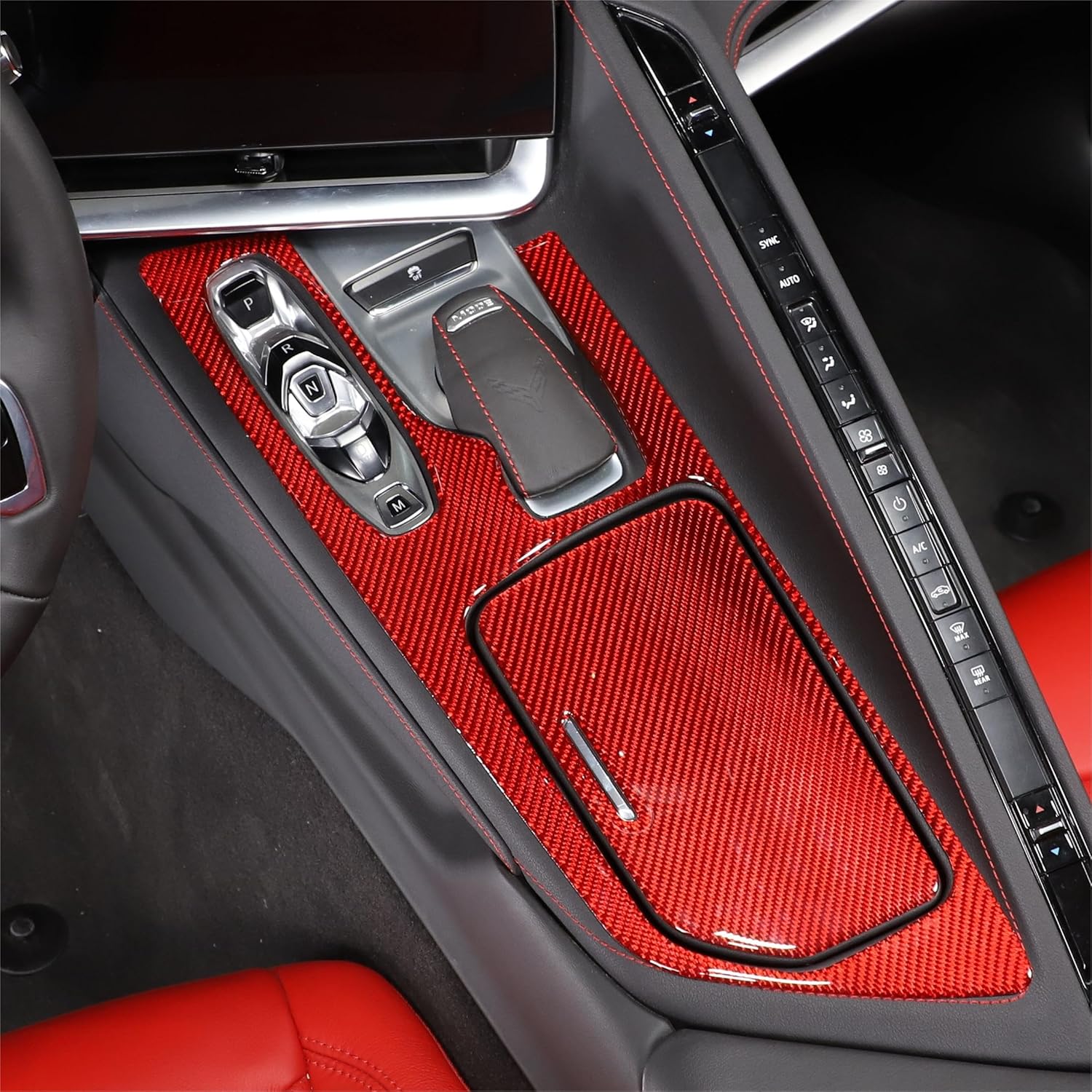 TOYCIDFG Center Console Gear Shift Panel Cup Holder Box Cover Trim Compatible with Chevrolet Corvette C8 Z06 2020-2025, Soft Carbon Fiber Car Decoration Accessories (Red - Gear Shift Panel)