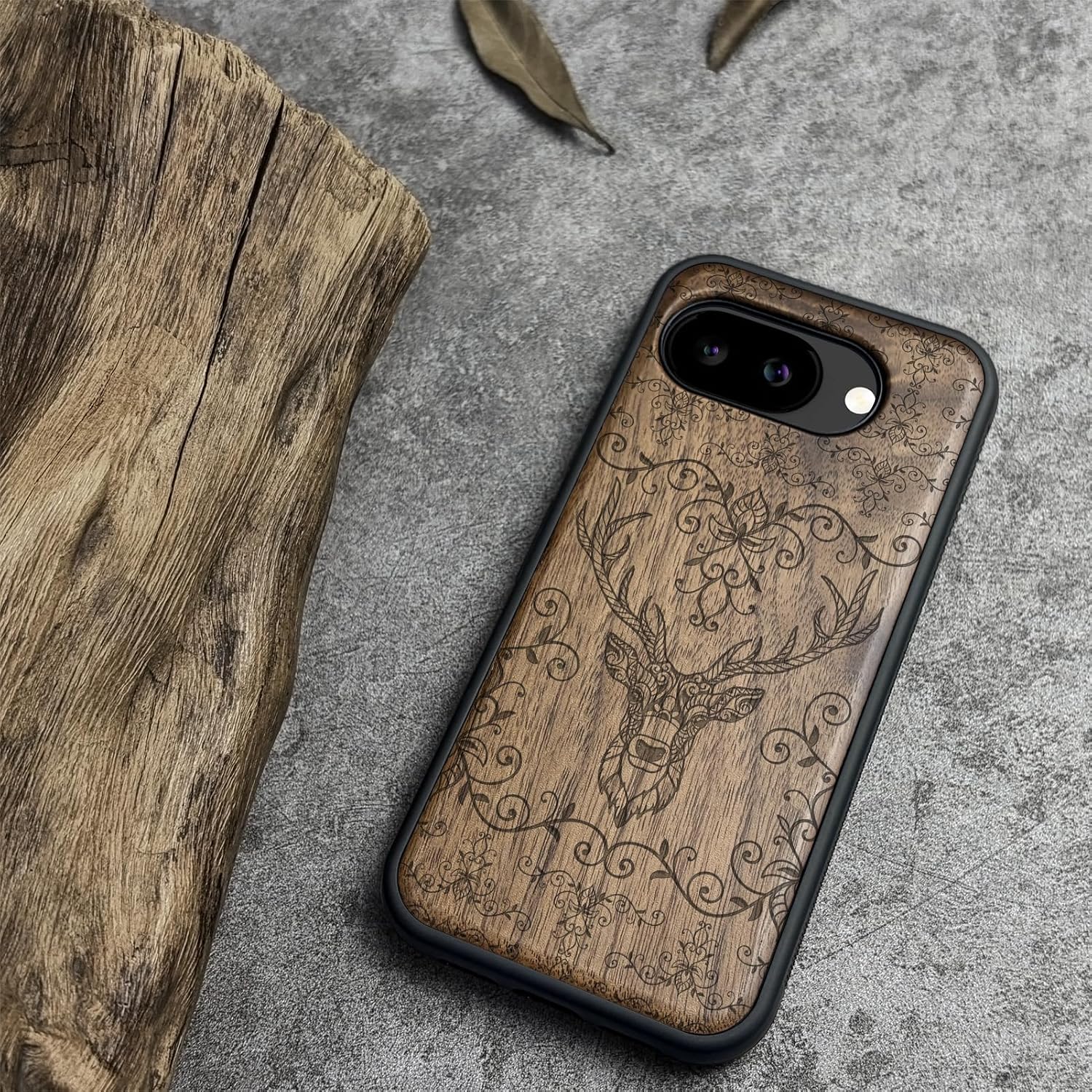 Carveit Magnetic Wooden Case for Google Pixel 10a Case, Wood Artisan Engraved & Soft TPU Shockproof Cover, Compatible with MagSafe Wireless Chargers (Deer of the Enchanted Forest) Walnut