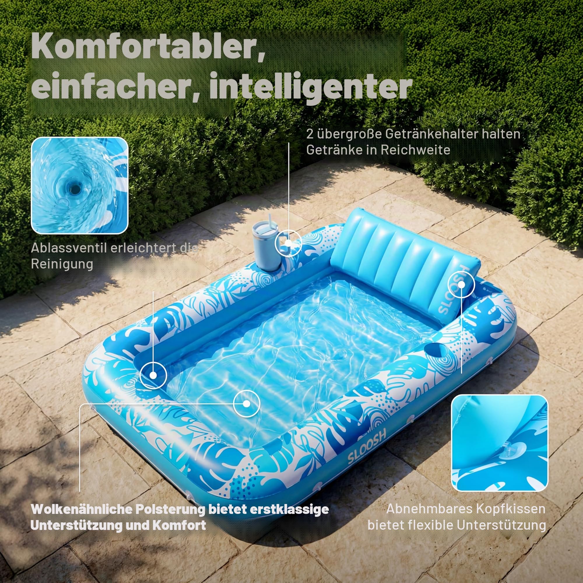 SLOOSH Aufblasbare Tanning Pool 70" x 46" 85" x 57" Luftmatratze für Erwachsene mit Kissen 4-in-1-Sonnenliege