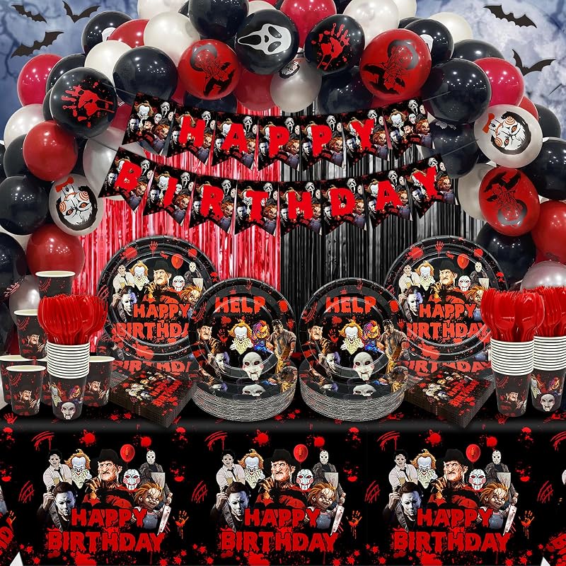 164 Pcs Horror Birthday Party Decorations Horror Movie Birthday Banner Happy Birthday Halloween Party Decorations for Halloween Bloody Scary Theme Party Supplies