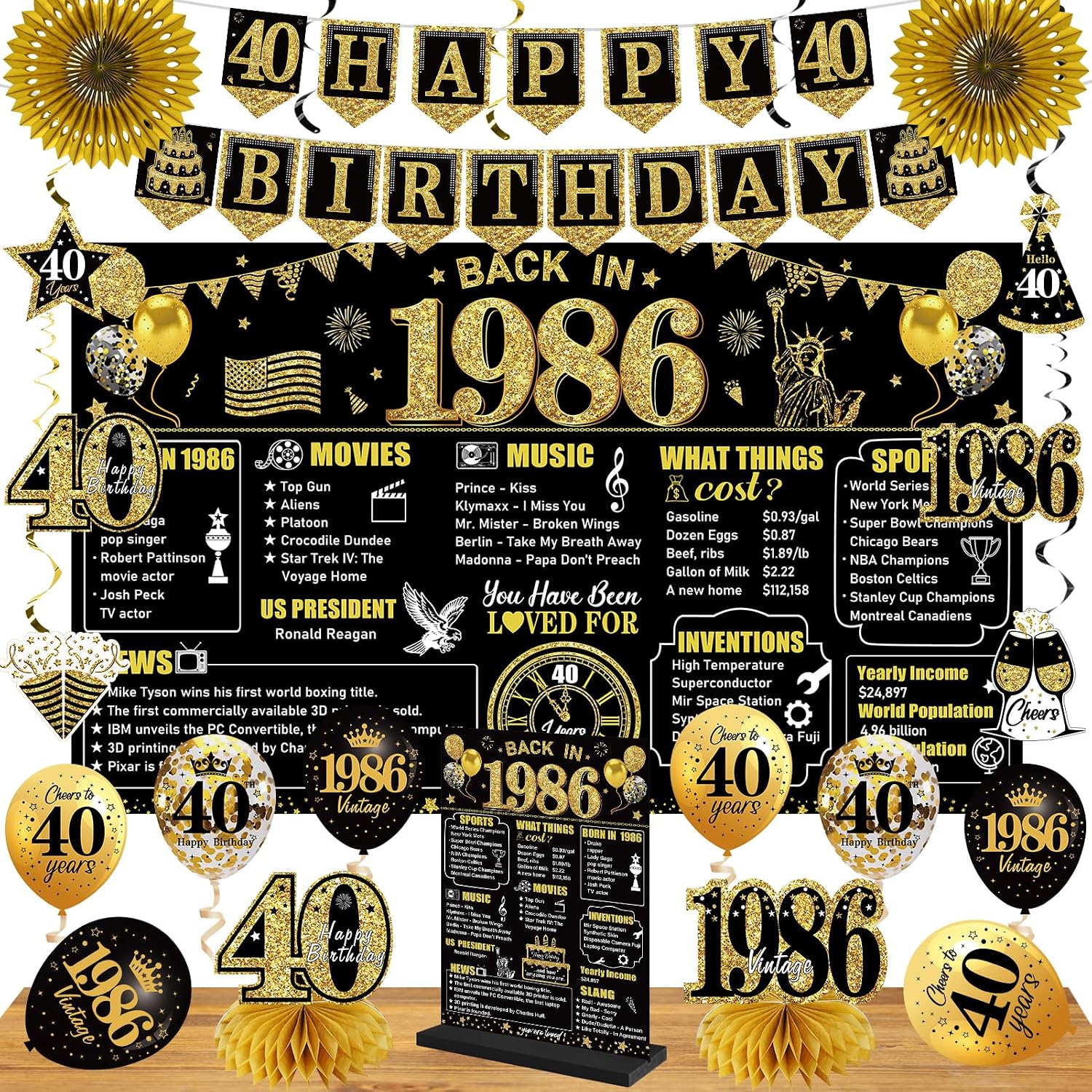 65th Birthday Decorations Kit for Men Women, Black Gold 24PCS Back in 1961 Banner Decorations , Vintage 1961 Banner Wooden Table Sign Poster Hanging Swirl Balloons Paper Fans Cheers to 65 years