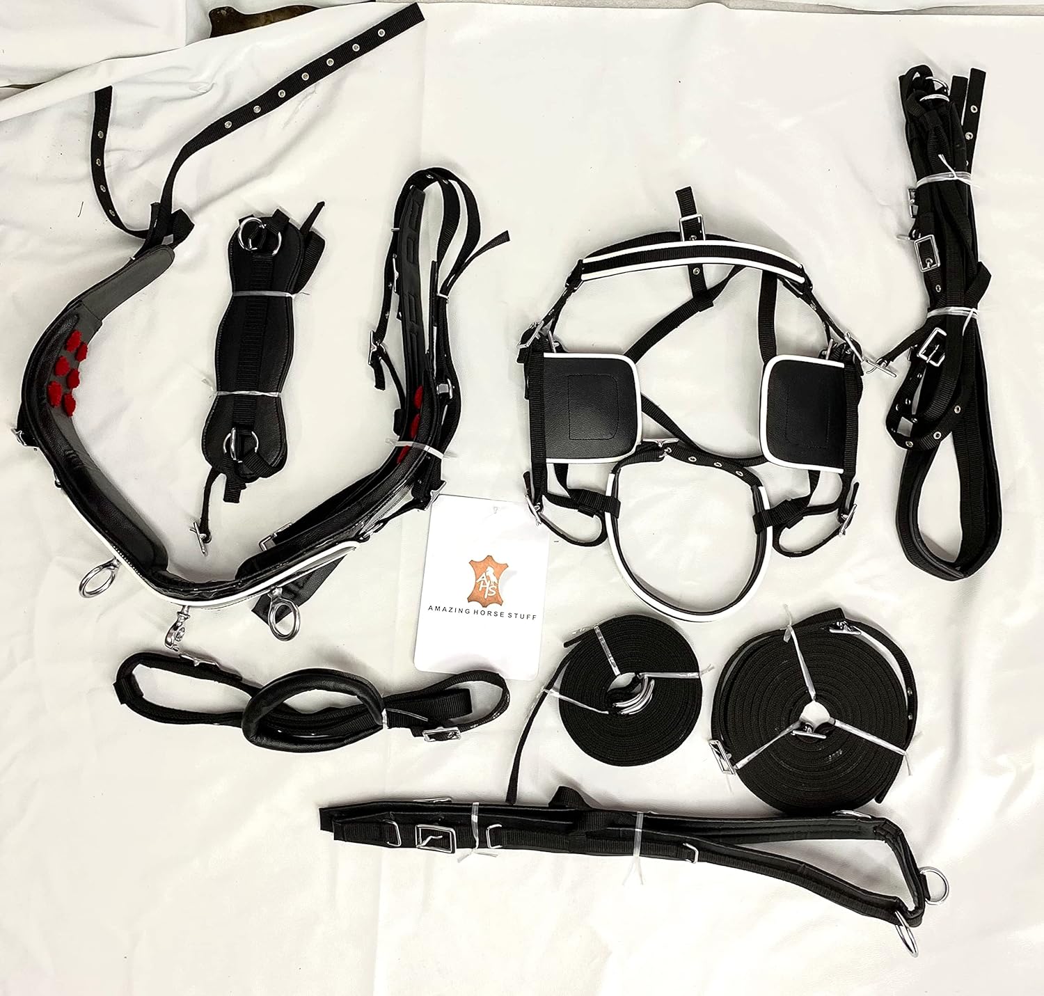 Black Patent Nylon Driving Harness for Single Horse Cart with White Piping/Trim (Full, Cob, Pony, Shetland & Mini)