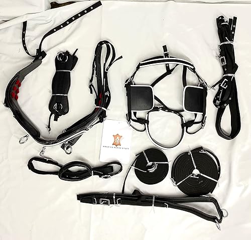Miniatura 5 de Arnés de conducción de nailon de charol negro para carro de caballo individual con ribete blanco (matrimonial, mazorca, poni, shetland y mini)