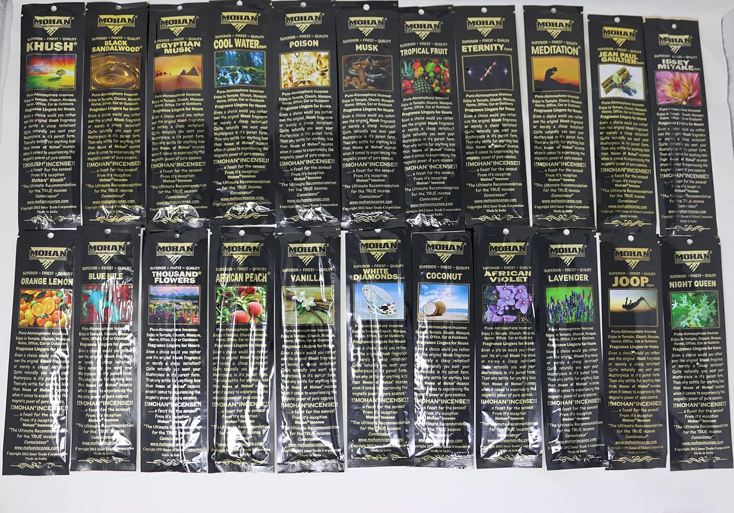 Mohan Incense Sticks | Khush | Egyptian Musk | African Peach | Black Sandalwood | & Other Scents Incense Sticks in 3 10 Packs (22 Scents Variety)