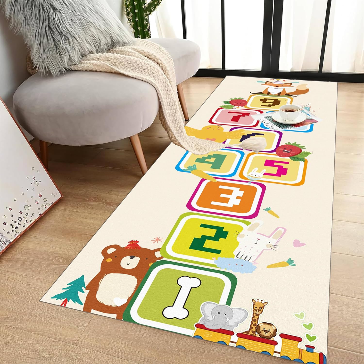 Cartoon Runner Carpet Digital Learning Mat Kitten Fish Printed Hopscotch Game, Children's Playroom Amusement Park Floor Mats, Non-Slip Crawling Mats 3.3x8ft