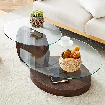 Modern Glass Coffee Table, Round Oval Coffee Table with 3 Tier Storage Space, Tempered Glass Top & Wooden Base, Living Room Center Table for Small Spaces