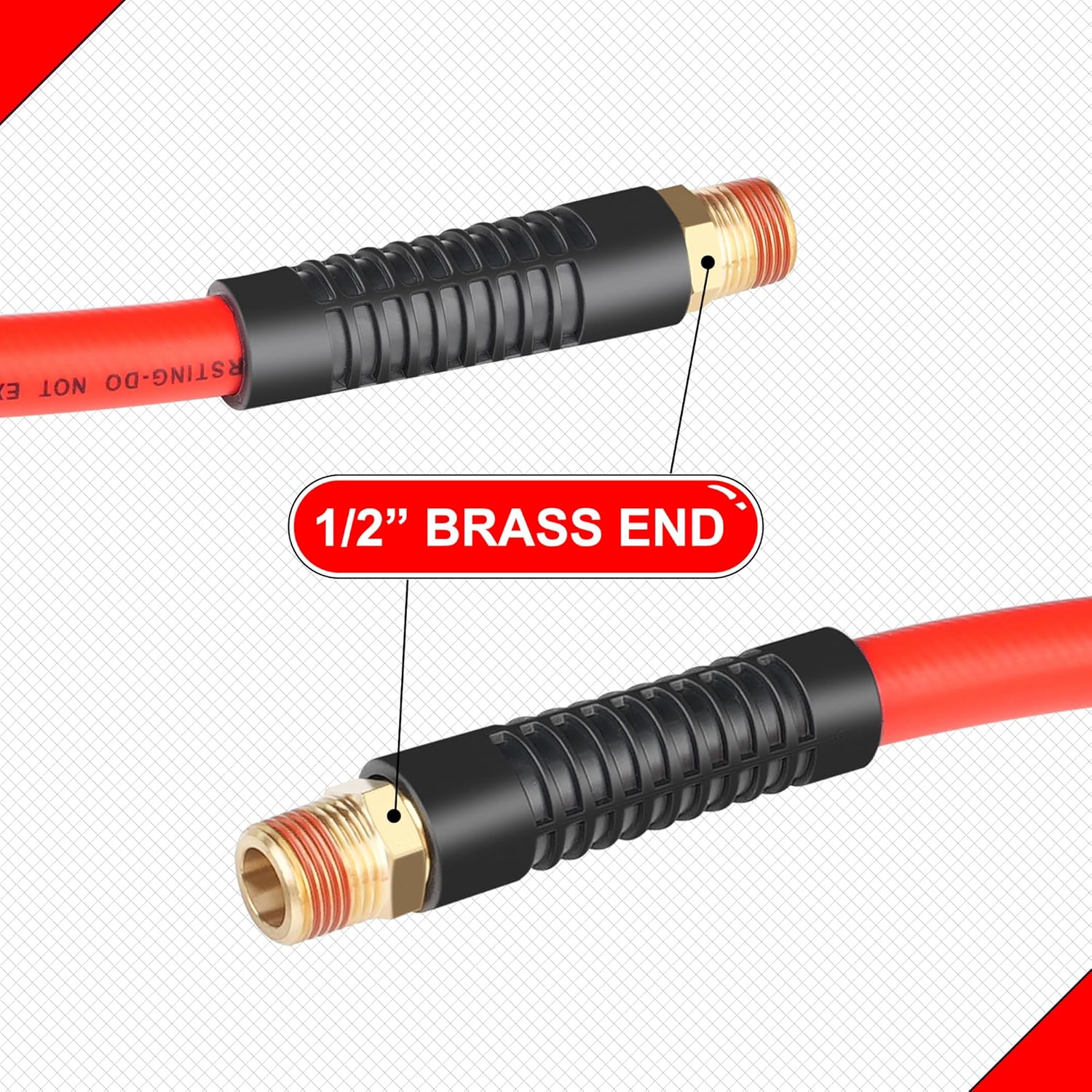 1/2 Inch x 50ft. Hybrid Air Compressor Hose with 1/2 in. MNPT Ends and Bend Restrictors