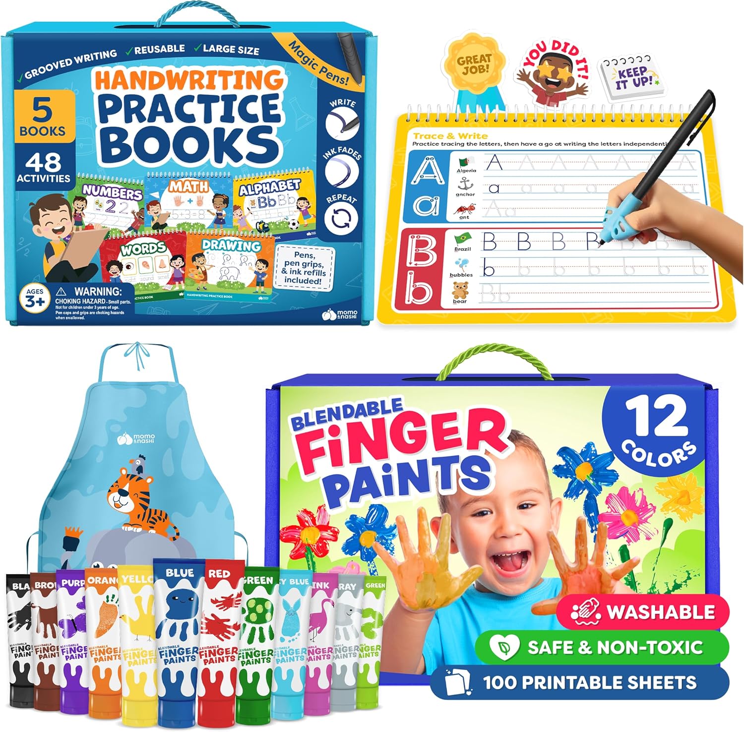 Washable Finger Paints for Toddlers & Magic Grooved Writing Books for Kids Ages 3-5