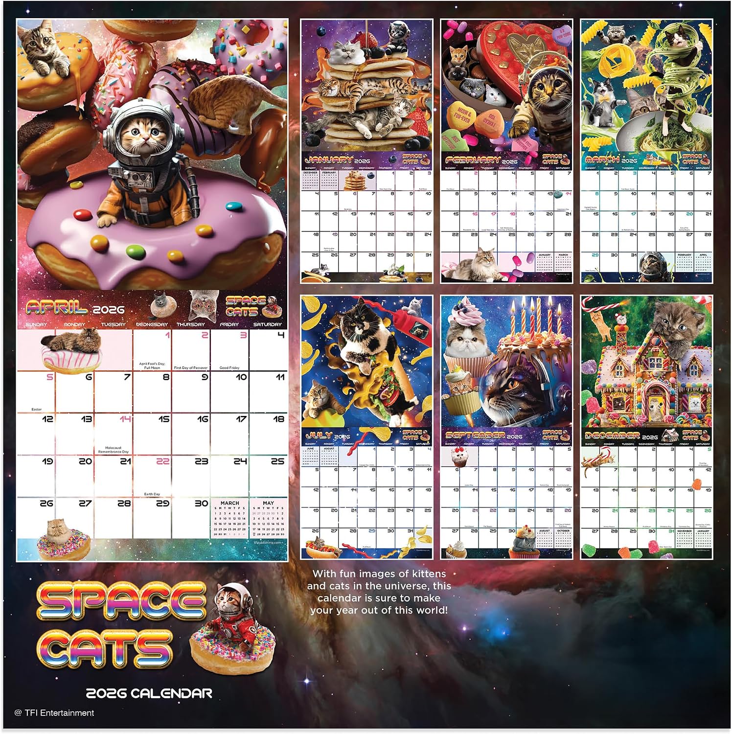 TF Publishing 2026 Space Cats Mini Calendar with Monthly Grids for Appointments and Scheduling - Vertical Small Wall Calendar 2026 with Premium Gloss Paper for Home and Office Organization - 7x7in image 3