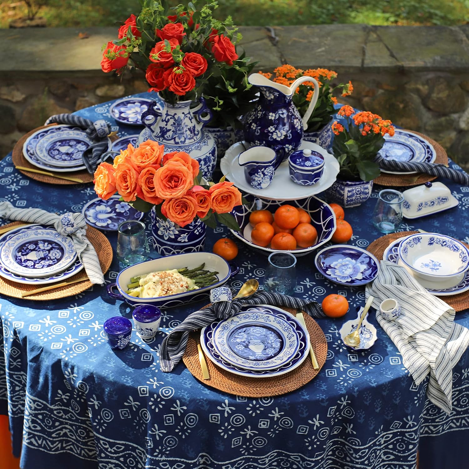 Euro Ceramica Blue Garden Serving Bowl, Italian Floral Design, Scalloped Handpainated Stoneware- 12 x 12 x 3 inches