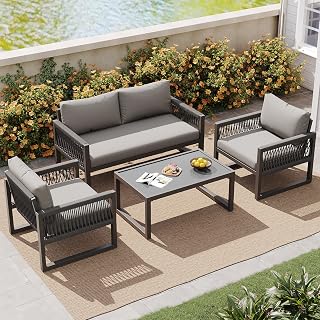 MSMOK Juego de 4 muebles de jardín con marco de hierro galvanizado, cuerda de color caqui con cojín, patas ajustables, tablero de cristal liso, juego de 4 unidades (verde)