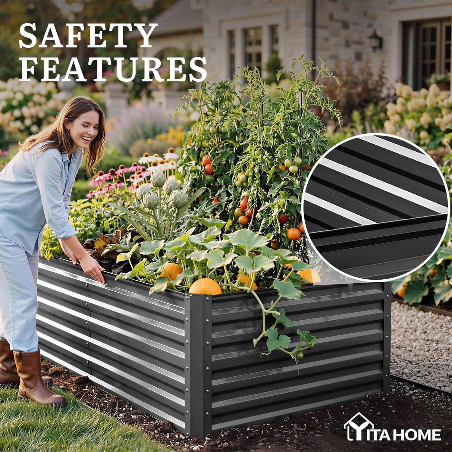 YITAHOME 8x4x2ft Large Raised Garden Bed Kit, Galvanized Metal Planter Box with Gloves, Ground Nails, Support Rod & Safety Rubber, Outdoor Above Ground Planters for Plants Vegetables Flowers, Black
