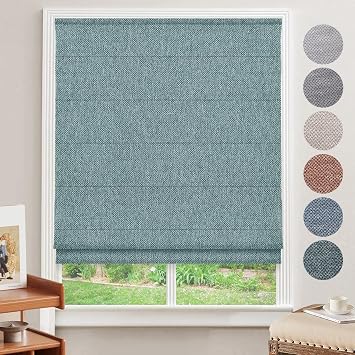 Cordless Window Roman Shades, Blackout Roman Shades Blinds, Turquoise Green Two Tone Texture Thick Cotton Fabric Window Blinds for Windows, Doors, Kitchen Windows
