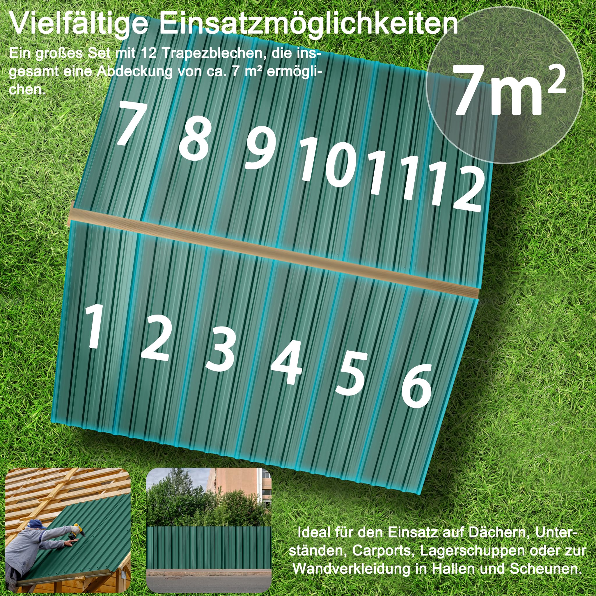XMTECH 12x Trapezblech Profilblech 129,5 x 45 cm = 7 m² Grün – Verzinkt, Wetterfest & Korrosionsbeständig, Stahlblech Trapezprofil Dachplatten für Gartenhaus, Carport & Wand
