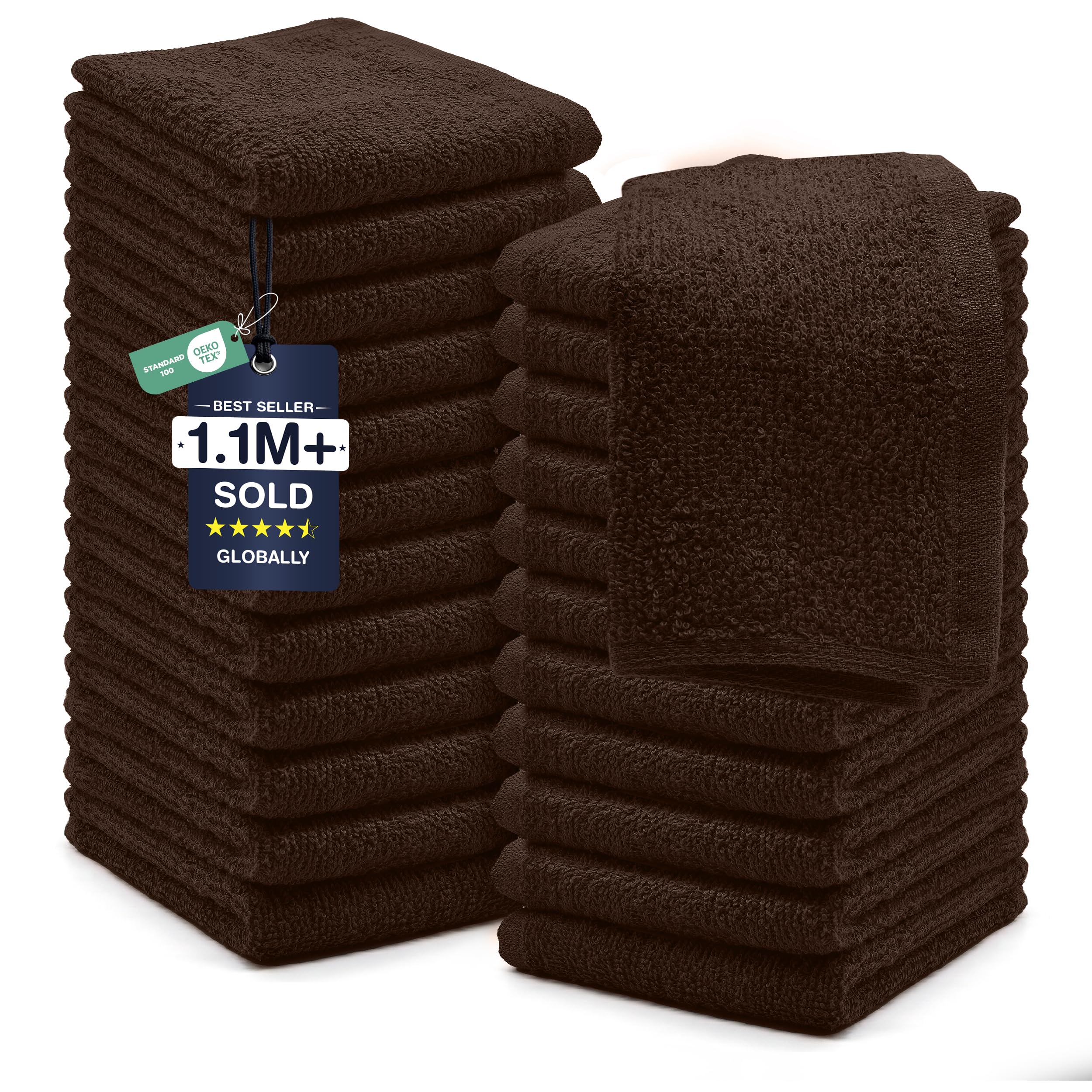 DAN RIVER 24 Pack Cotton Wash Cloths Set for Showering [12x12] Brown
