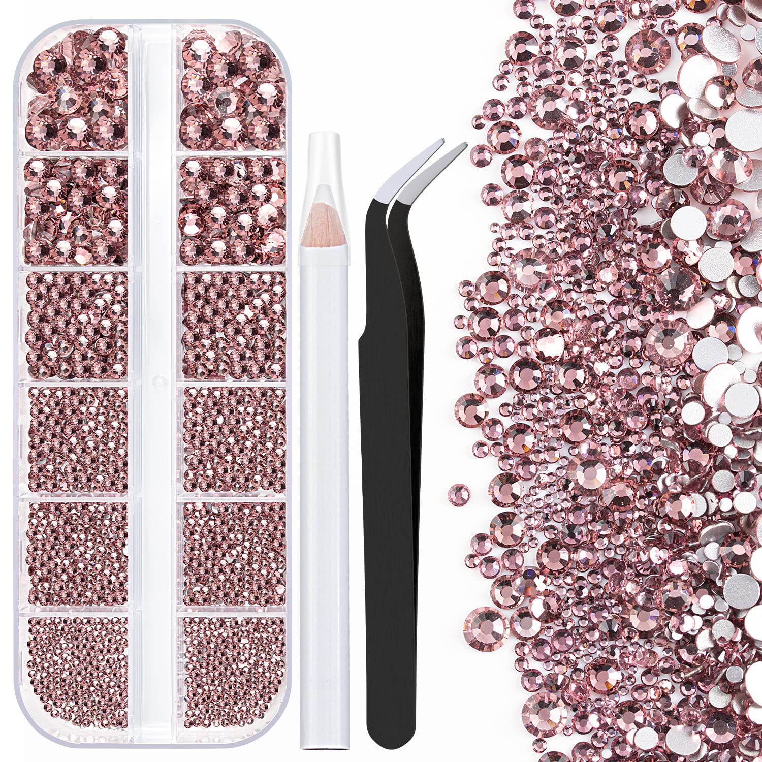 One Pack 2000 Pcs of Flatback Round Pale Purple Rhinestones 6 Sizes (1.5-6 mm) with Nail Art Rhinestone Picker Pencil and Tweezer for DIY and Salon