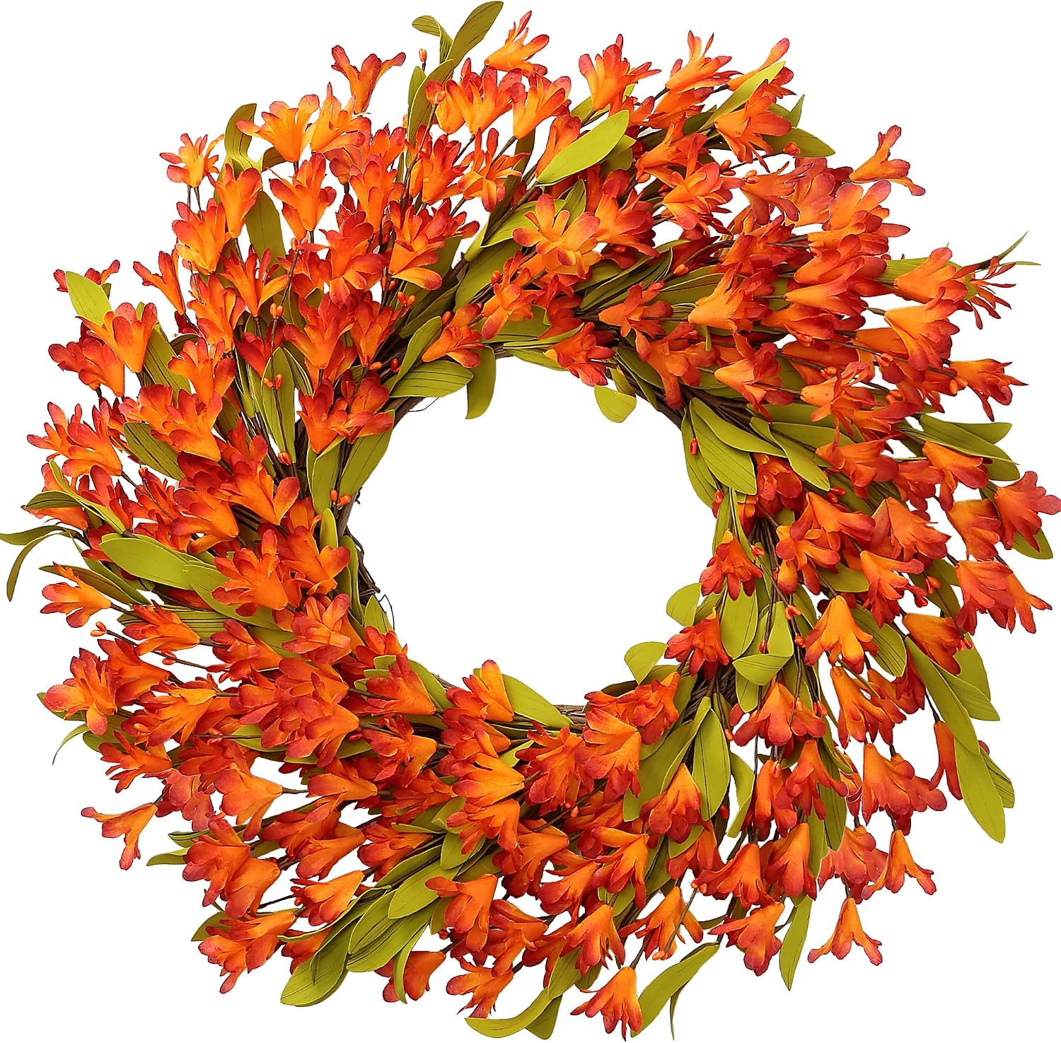 Sggvecsy Artificial Fall Wreath 22’’ Autumn Front Door Wreath with Forsythia Flowers Greenery Leaves Orange Berries for Outside Indoor Wall Window Festival Thanksgiving Fall Harvest Autumn Decor
