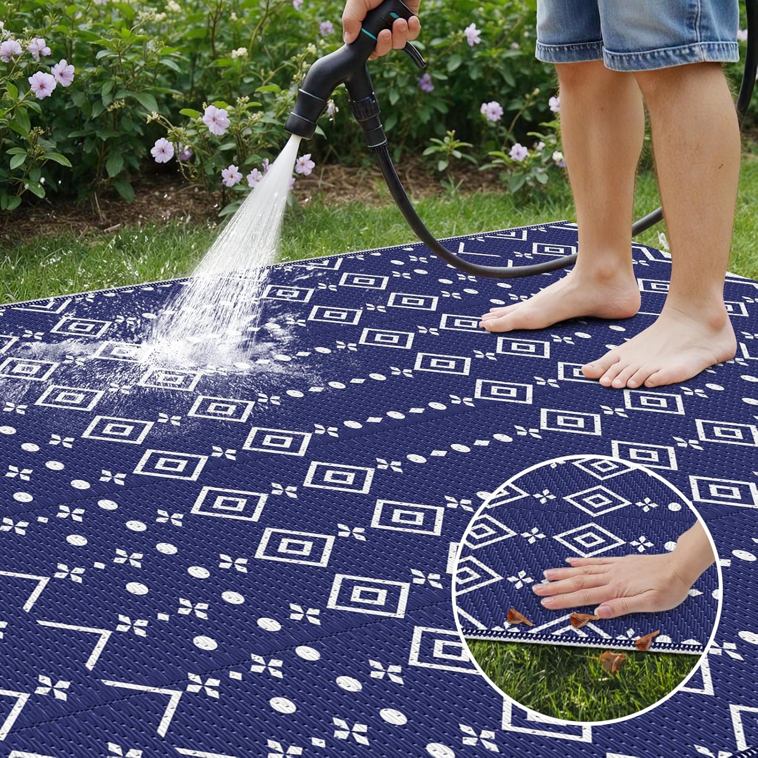 StepRite 5’ x 8’ Reversible Outdoor Rug, Waterproof Plastic Straw Rug, Patio Rug, Large Modern Area Rug Carpet, Indoor Outdoor Rugs for Camping, Porch, Deck, Balcony, Backyard, RV, Picnic(Blue)