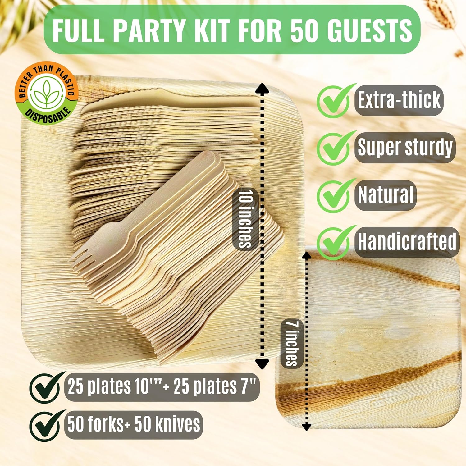 Palm Leaf Plates 10 Inch & 7 Inch – 50 Pack Palm Plates with 50 Wooden Forks & 50 Knives – Bamboo Plates Disposable and Bamboo Dinner Plates for Parties, Holidays, Christmas & New Year