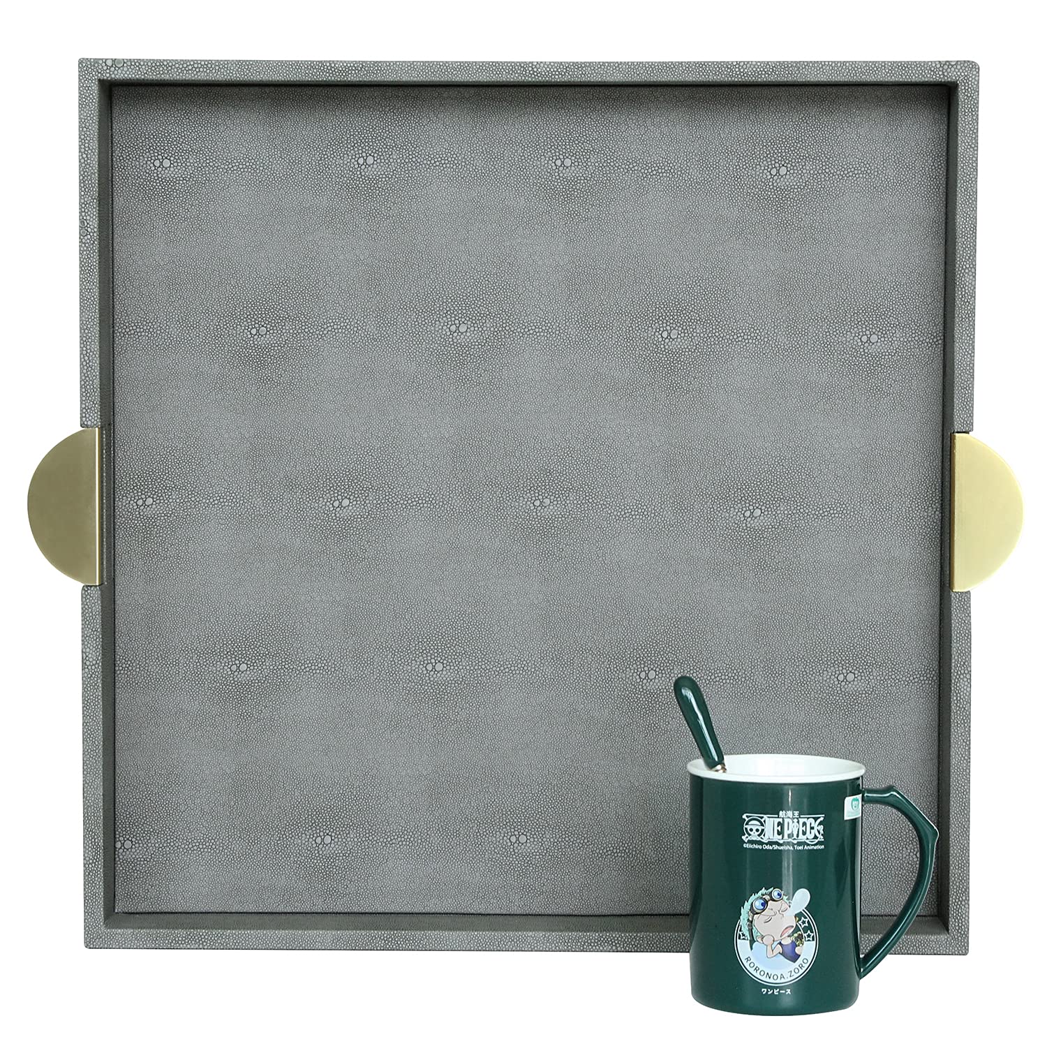 HofferRuffer Faux Leather Decorative Serving Tray, Elegant Coffee Table Tray, Ottoman Tray, Breakfast, Drinks, Liquor Serving Platter, Dark Grey Shagreen Finish with Gold Hardware Handle (Square)