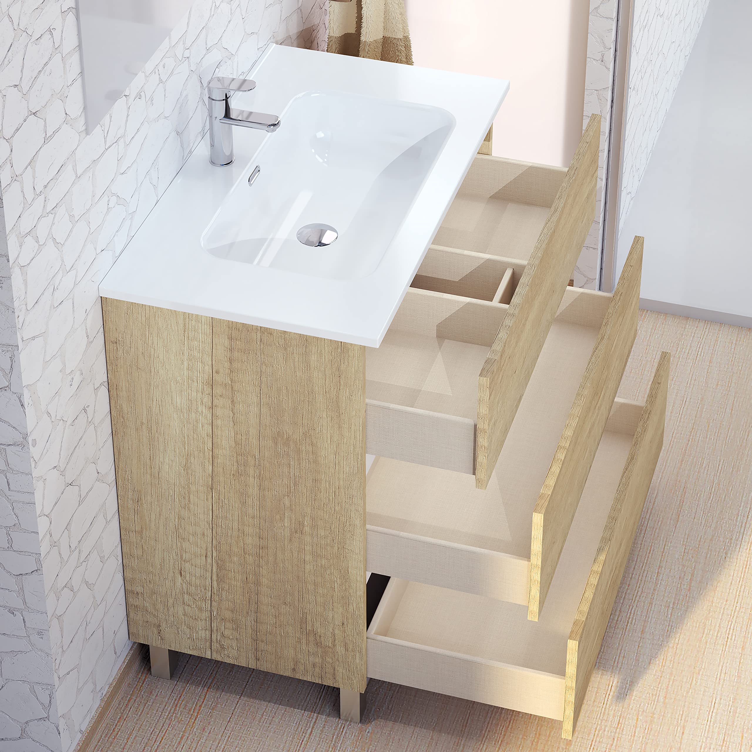 Baikal Conjunto de Mueble de Baño Neo con Espejo Luna Lisa, Tres Cajones o Dos Puertas, Mueble con Patas. Varios Acabados y Medidas. Melamina 16mm. Mueble MONTADO. 3c 120 Nature