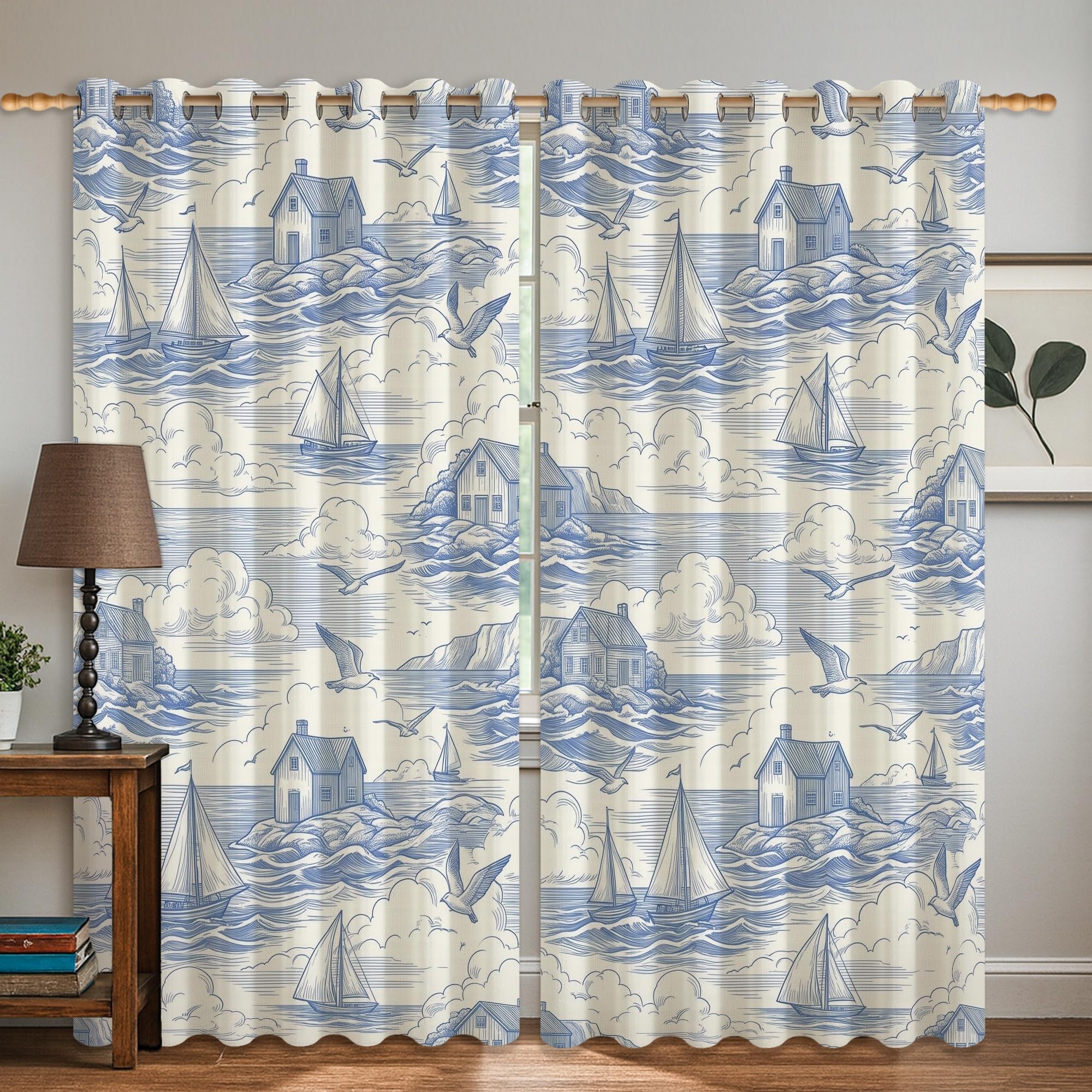Rideaux occultants bleu d'été motif nautique 132x160 cm pour bureau