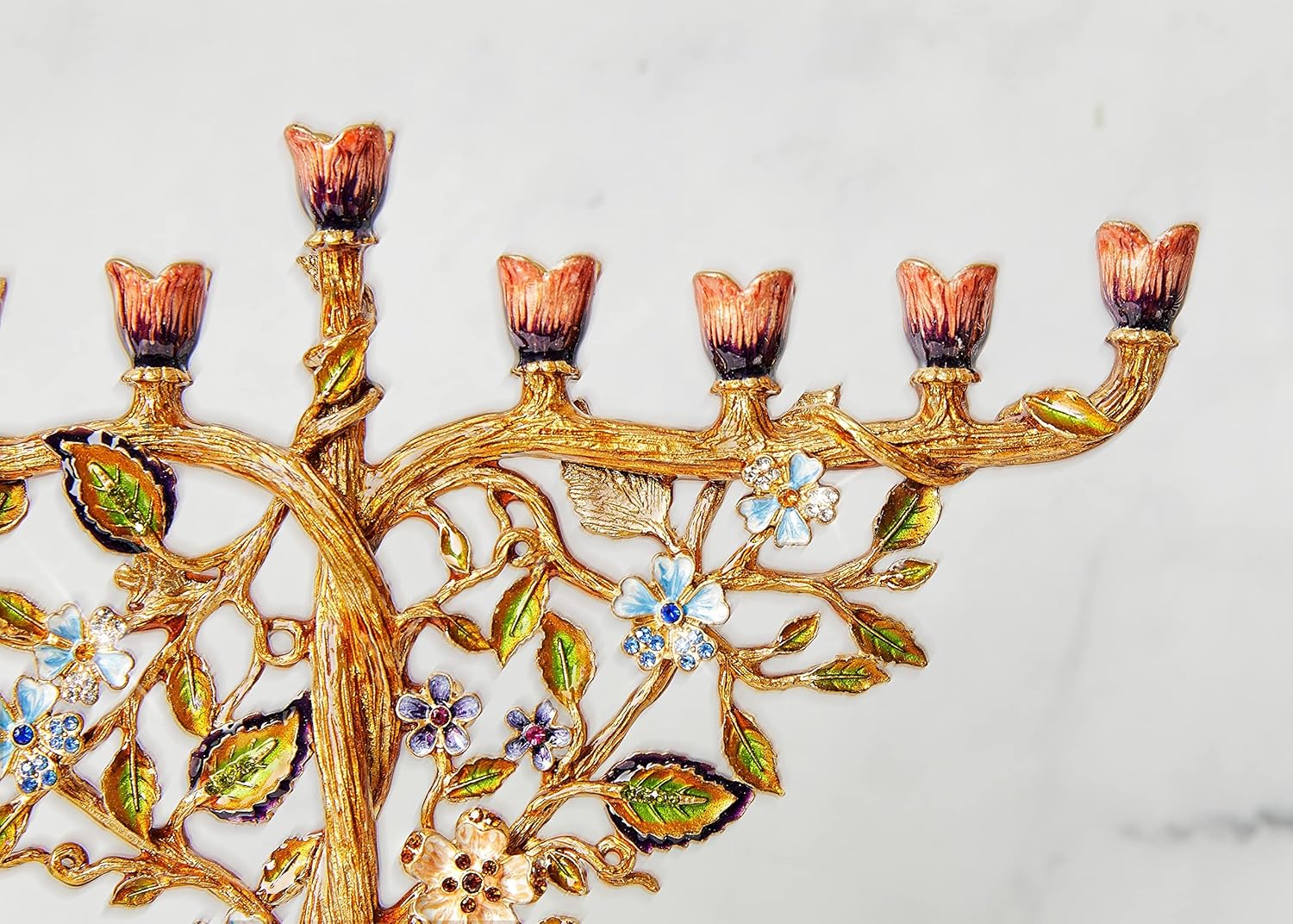 Home Jewel Decor Hand Painted Jewish Menorah Candle Holder with Flower Vine Design Made from Metal Embellished with Crystals for Hanukkah or Home Gift. FIT 9 mm(5/16") Candles, Size-9"X7.5"