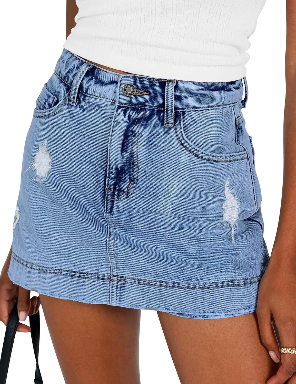 BISUAL Denim Skort for Women High Waist Ripped Mini Denim Skirt Casual Distressed Stretch Women Jean Skirt