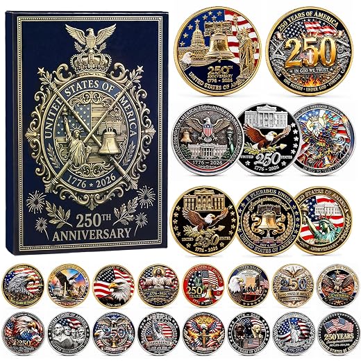 24 Pcs 250th Anniversary Coins Gift Box Set, 250 Anniversary Merchandise Collectible Coin Display Case Commemorative Designs for Patriotic Collection
