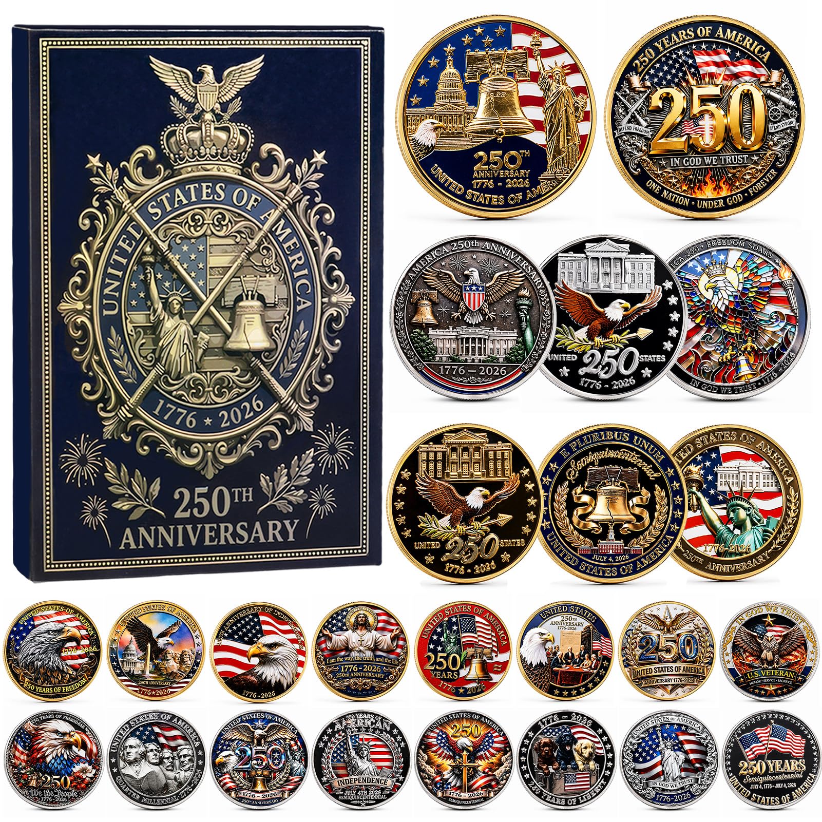 Photo 1 of Metaparty 24 Pcs 250th Anniversary Coins Gift Box Set, 250 Anniversary Merchandise Collectible Coin Display Case Commemorative Designs for Patriotic Collection
