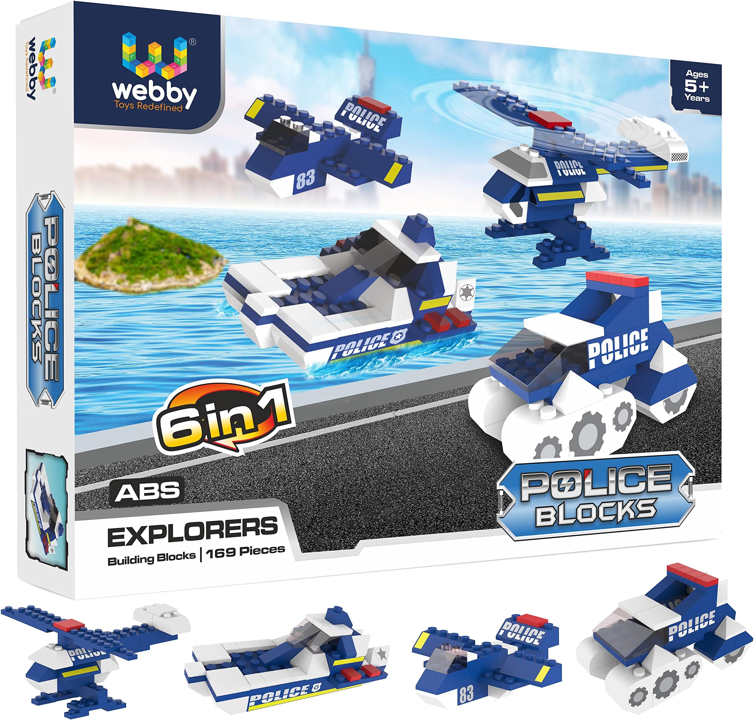 6 in 1 Police ABS Building Blocks Kit, Adventure Play Set, Fun Creative Toy Set for 5+ Years Kid (169 Pcs) Multicolor