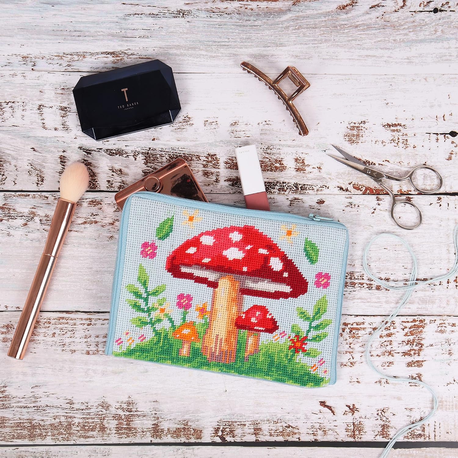 Trimits Stitch Your Own Make-Up Case Kit - Half Stitch, Tapestry, Cosmetics Bag, Pouch, Includes Pre-Printed Case, Threads, Needle & Instructions, Toadstool