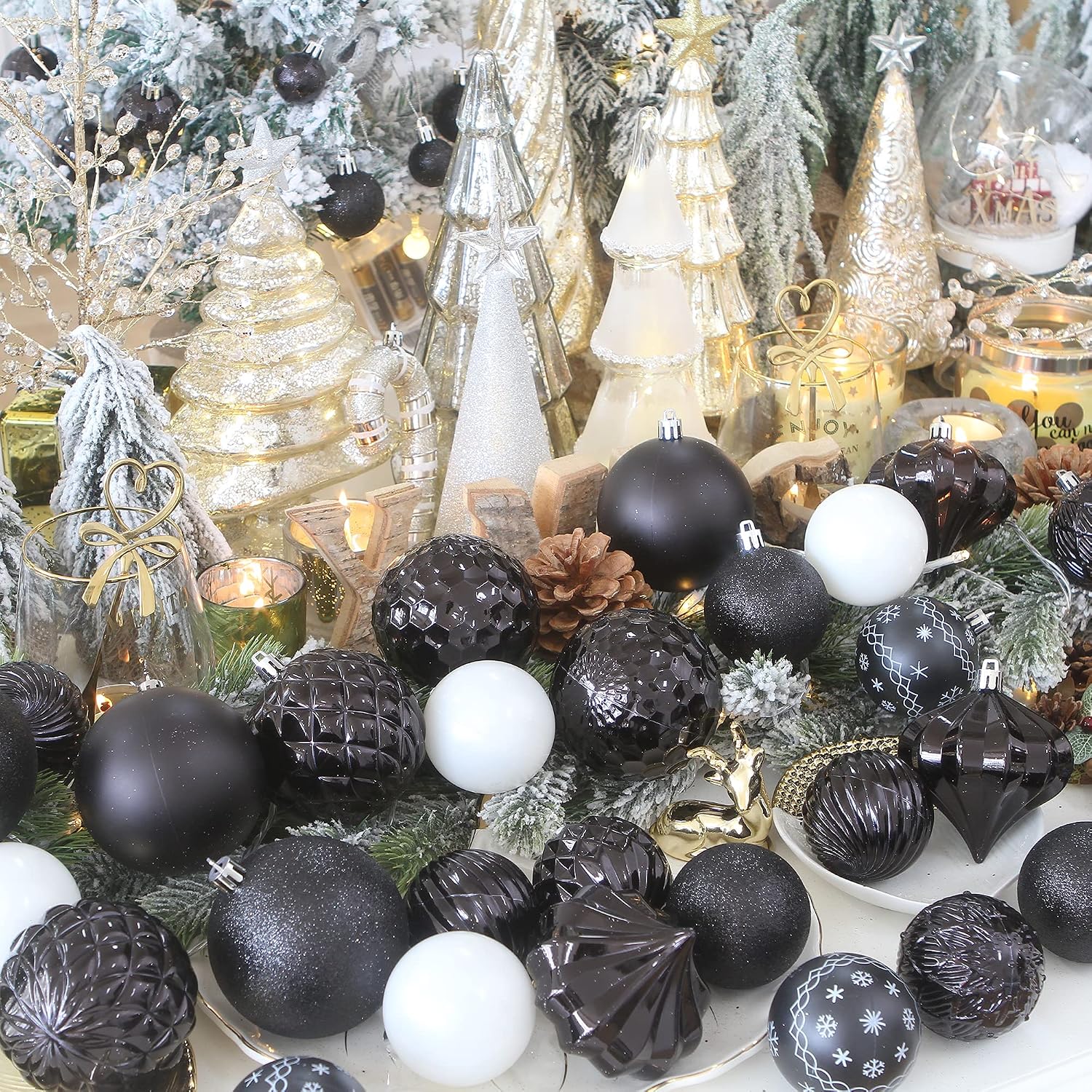 Sea Team 41-Pack Christmas Ball Ornaments with Strings, 60mm/2.36-Inch Medium Size Baubles, Shatterproof Plastic Christmas Bulbs, Hanging Decorations for Xmas Tree, Holiday, Wedding, Party, Black