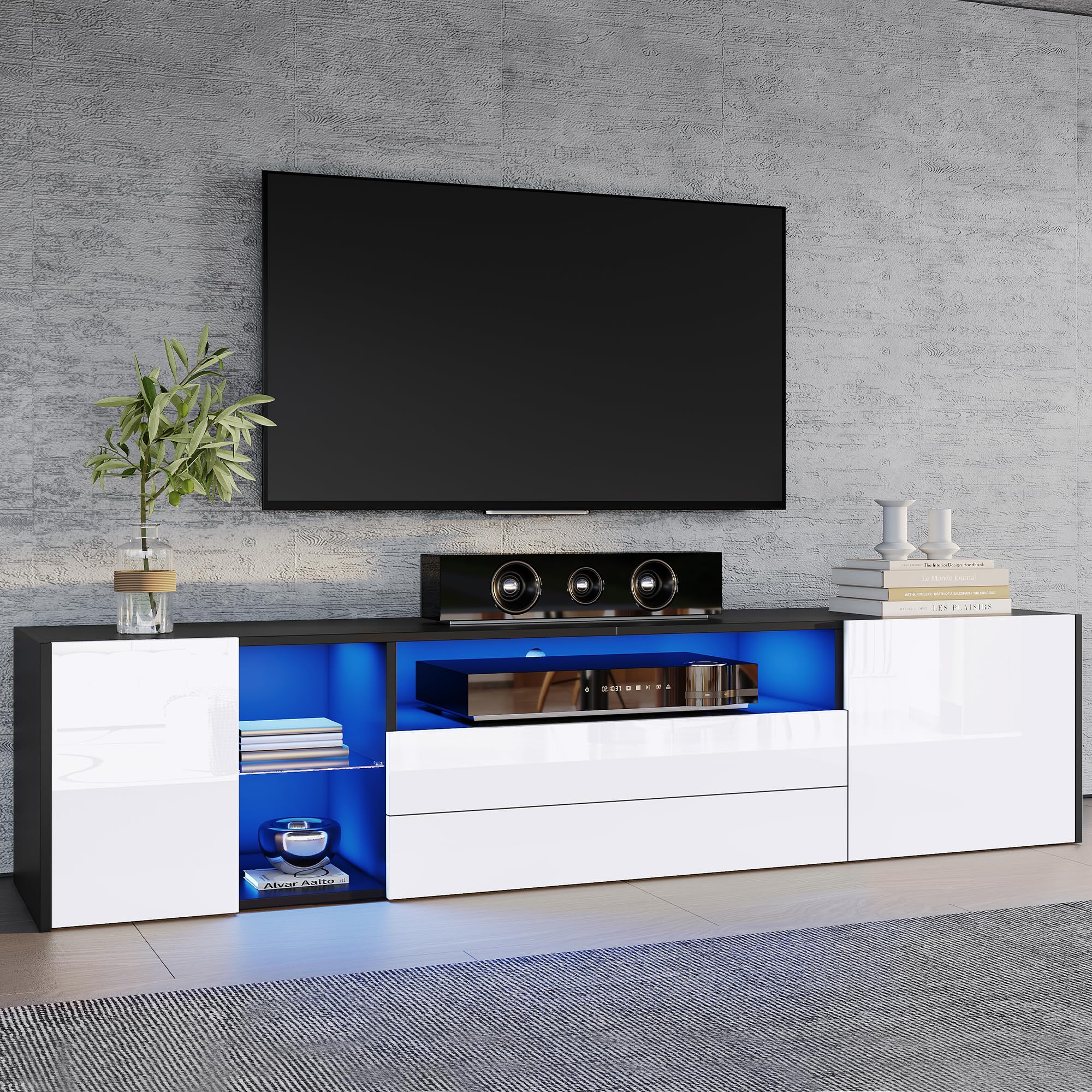 Mobile TV, TV Board,TV Board,LED lucido, supporto TV con 2 cassetti e 2 armadi, adatto per TV da 75", giuntura bianca e nera