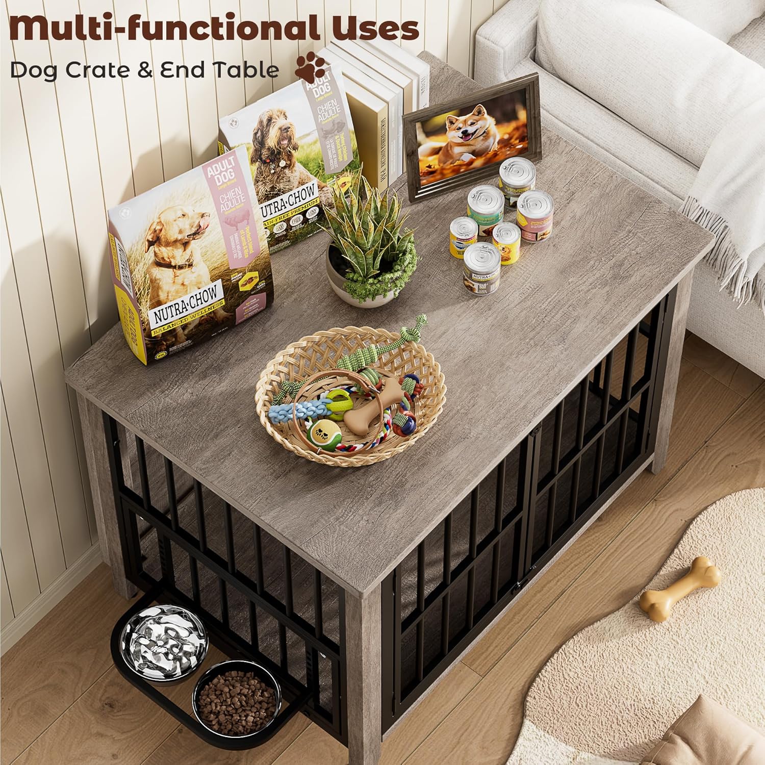 Lulive Dog Crate Furniture, Wooden Dog Kennel Indoor with Adjustable 360°& Height Dog Bowls, Double Doors Furniture Dog Crates End Table for Small/Medium 31.5" L*22.5" W*25.6" H, Grey
