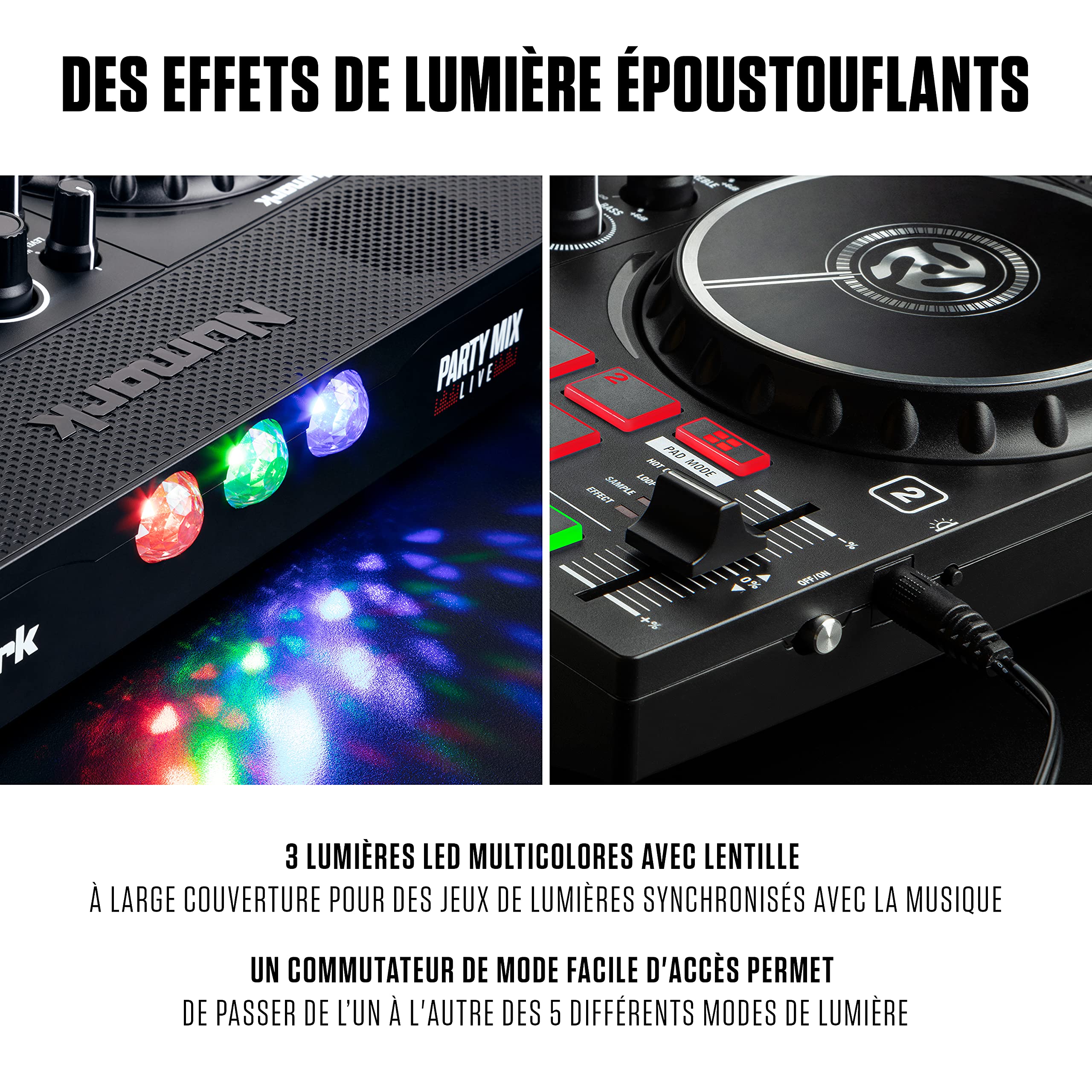 Numark Party Mix Live & HF125 - Contrôleur DJ avec jeux de lumière LED, enceintes et table de mixage DJ pour Serato DJ Lite avec Casque DJ Ultra-Portable