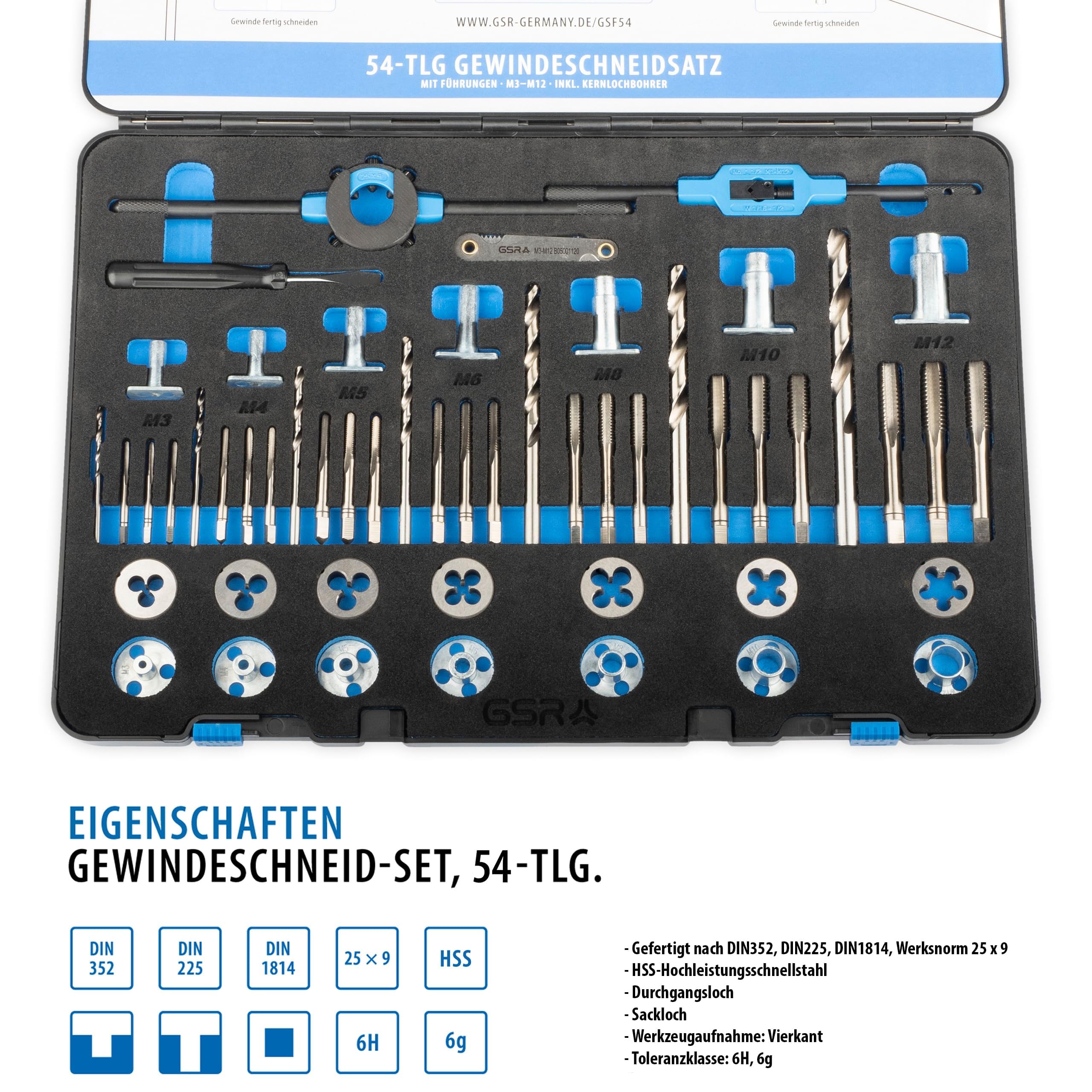 GSR Gewindeschneider Set 54-teilig für präzise HSS-Innen- und Außengewinde, M3–M12, mit Handgewindebohrern, Führungen, Kernloch-Spiralbohrern, Schneideisen, verstärkten Haltewerkzeugen