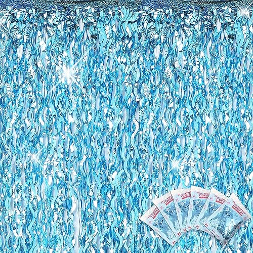6 piezas3.3 pies x 39.5 pies cortina ondulada de flecos de oropel para cabina de fotos, accesorios de cabina de fotos, telón de fondo azul océano,