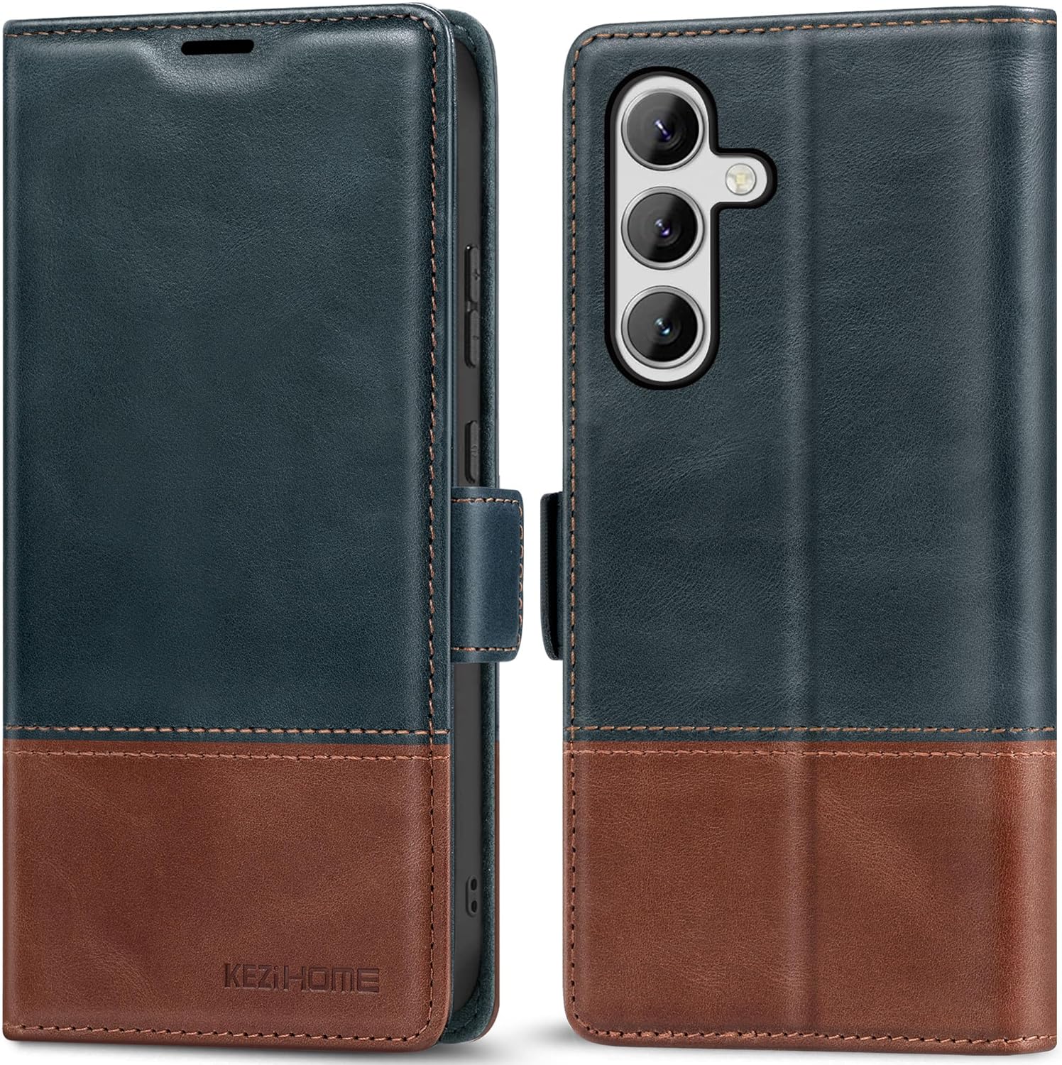 KEZiHOME Galaxy S24+ Plus 5G Wallet Case, Genuine Leather, RFID Blocking, Magnetic, Card Holder, Navy Blue/Brown