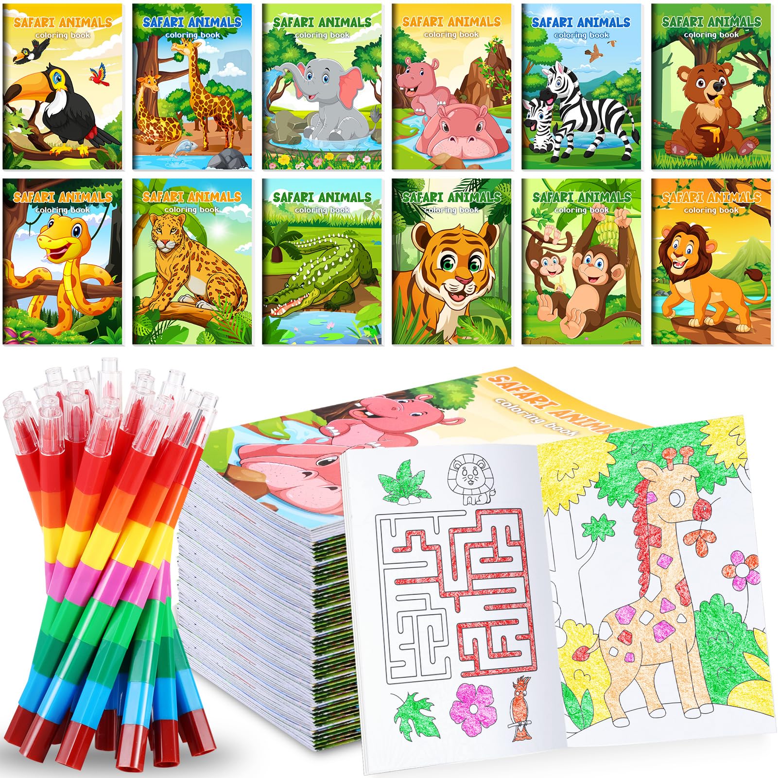 Photo 1 of BenLouis 12 Jungle Safari Mini Coloring Books Kids with 12 Stacking Crayons Zoo Animals Lion Party Favors Small Activity Books Bulk for Kids Wild One Party Gift Goodie Bag Stuffers