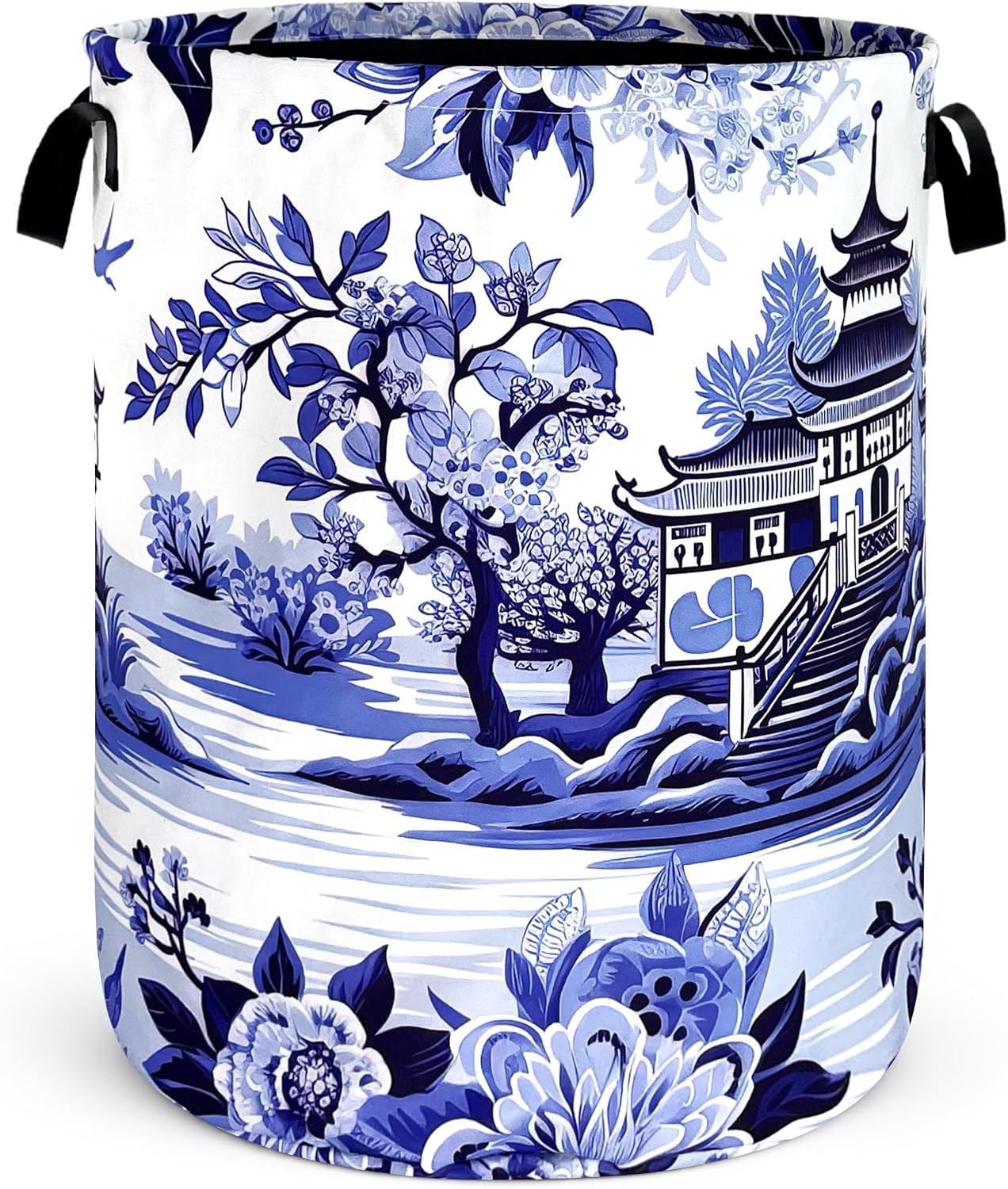 Chinoiserie Blue and White Porcelain Print Laundry Basket 18.9 x 16.5 Inch