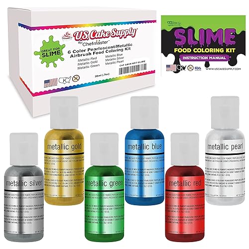 Kit de limo decorativo de 6 colores metálicos con aerógrafo para colorante alimentario – U.S. Art Supply grado alimenticio, botellas de 0.64 onzas