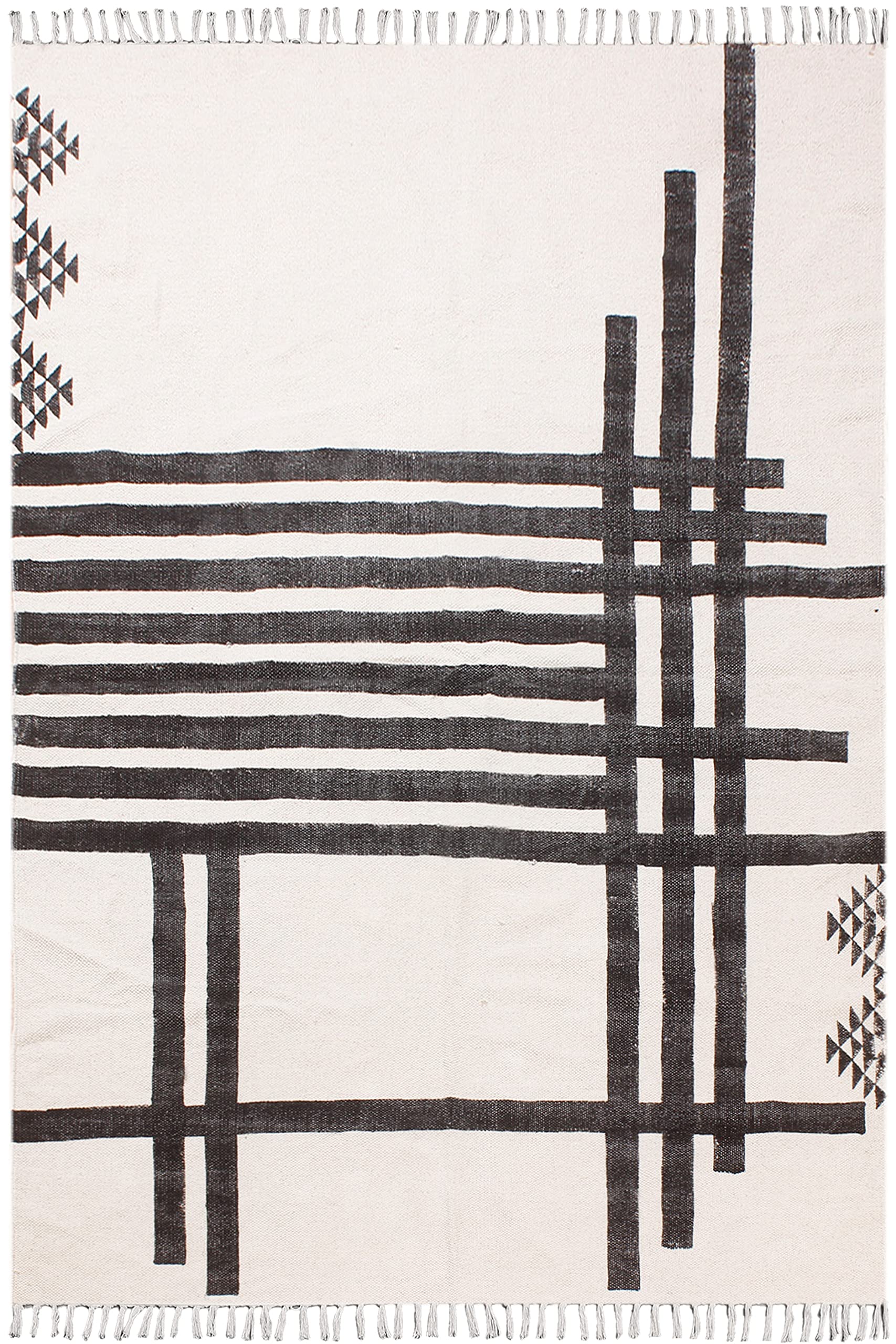 Tapis Kilim beige et noir : tissage plat en coton pour un salon moderne