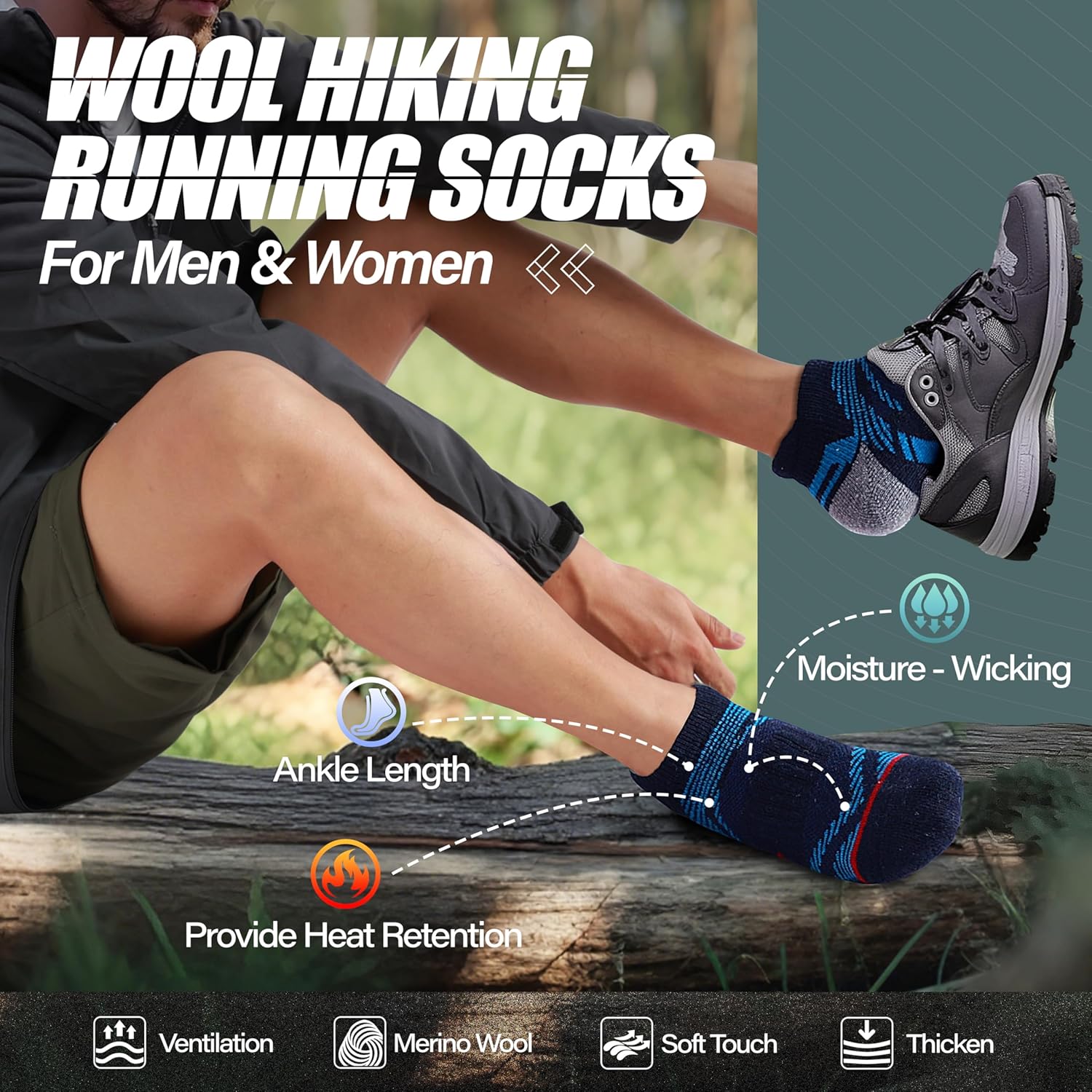 ANTSANG 6 Pairs Merino Wool Ankle Hiking Running Socks Compression Thick Cushion Breathable No Show Socks for Men Women - Image 2